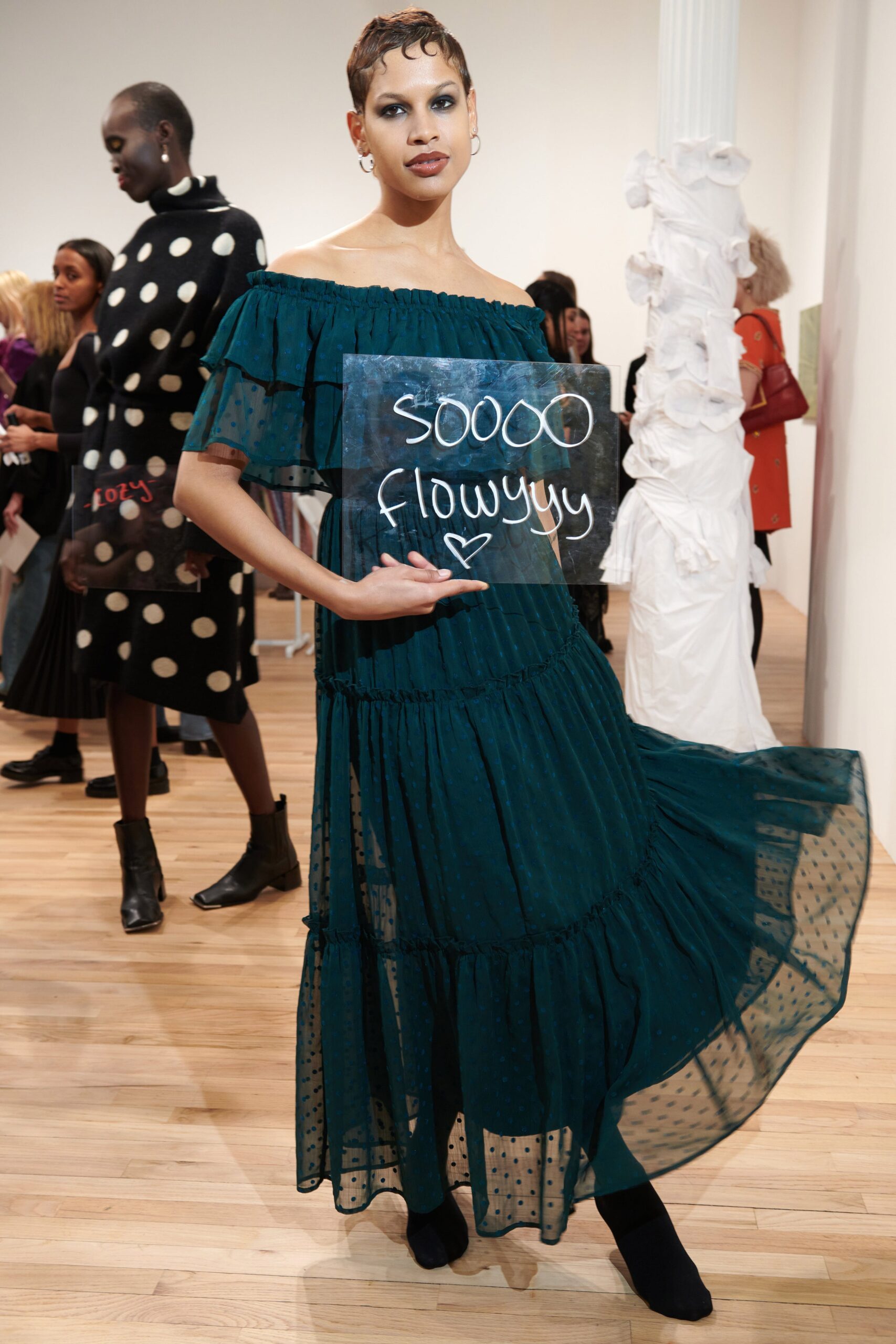 green off-shoulder tiered dress