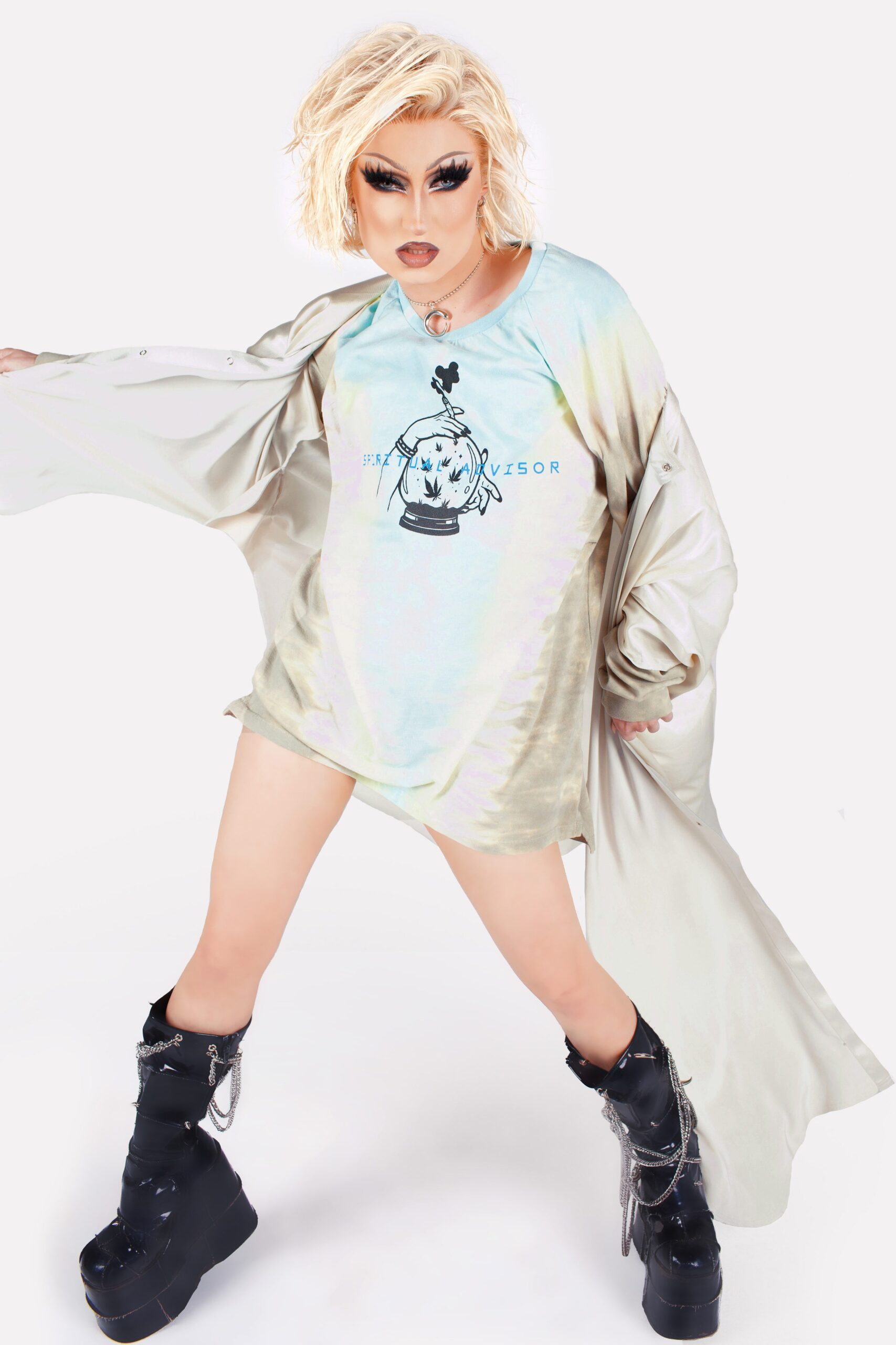 blue printed shirt with oversized coat