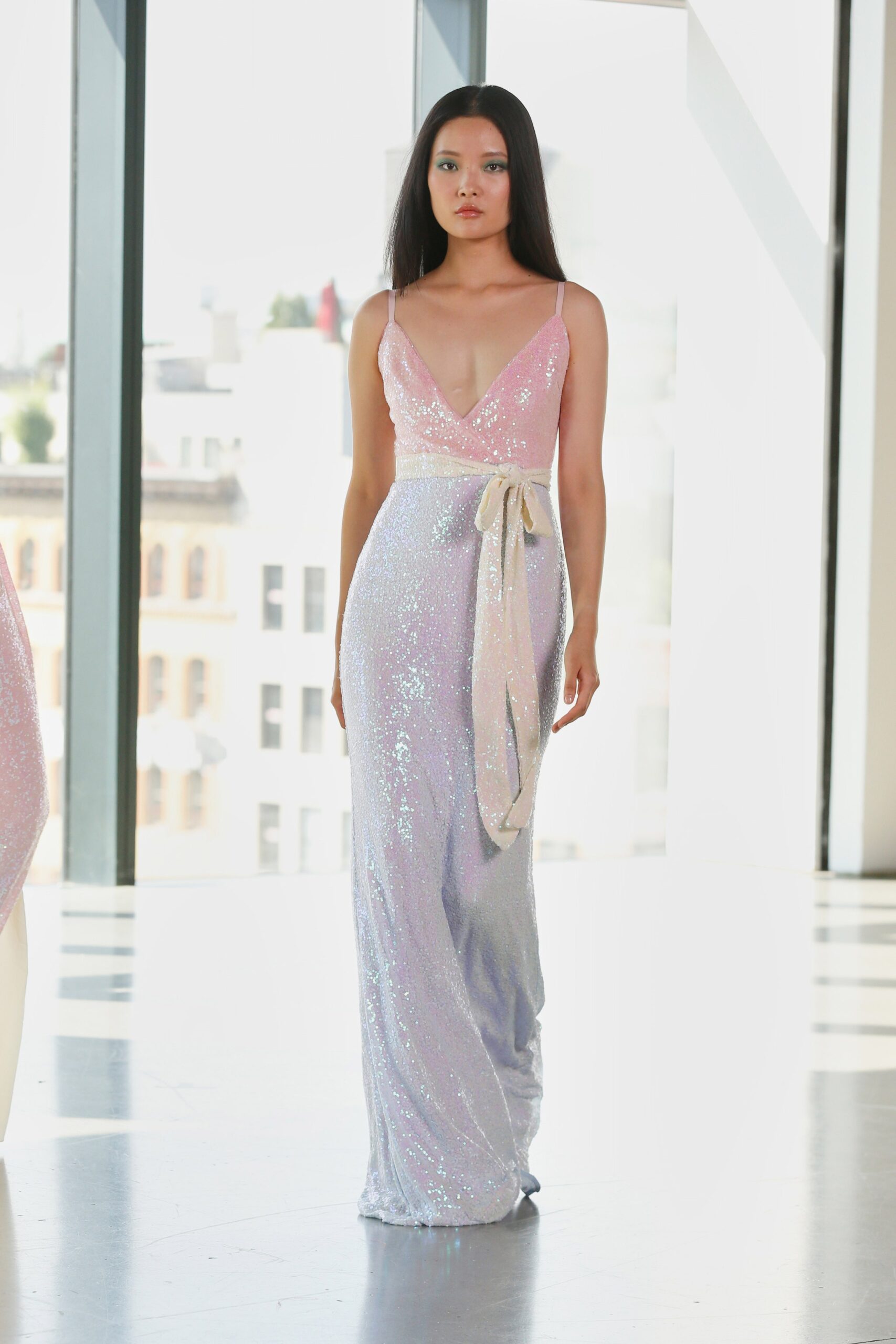 pink and purple sequined gown