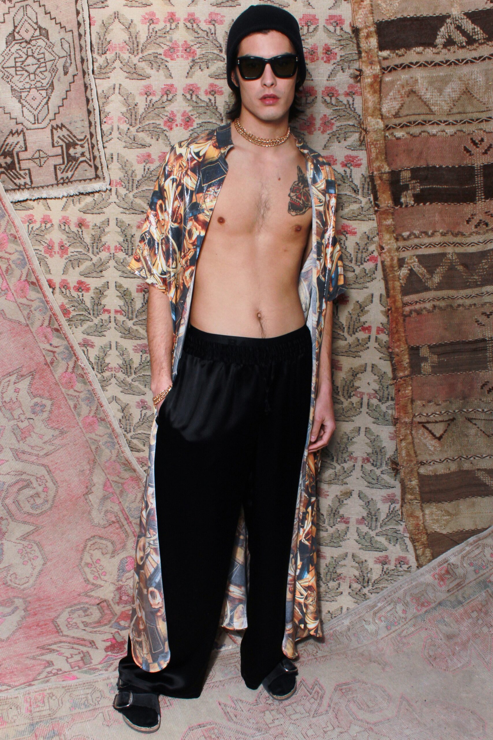 multi-colored silk shirt and black pants