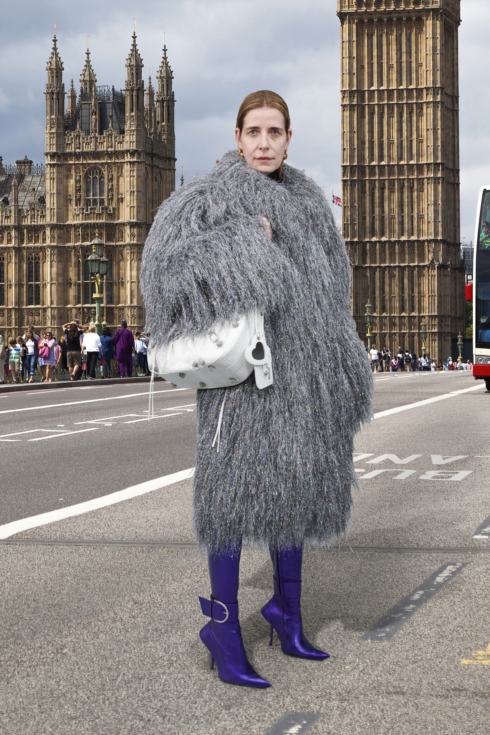 gray oversized fur coat