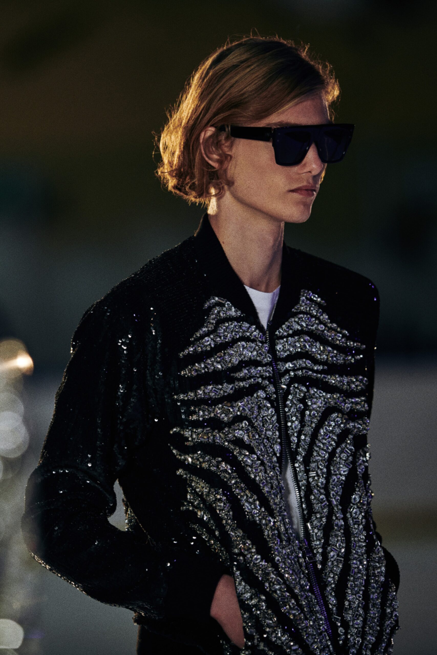 black silk long-sleeve collared fitted sequined shiny jacket