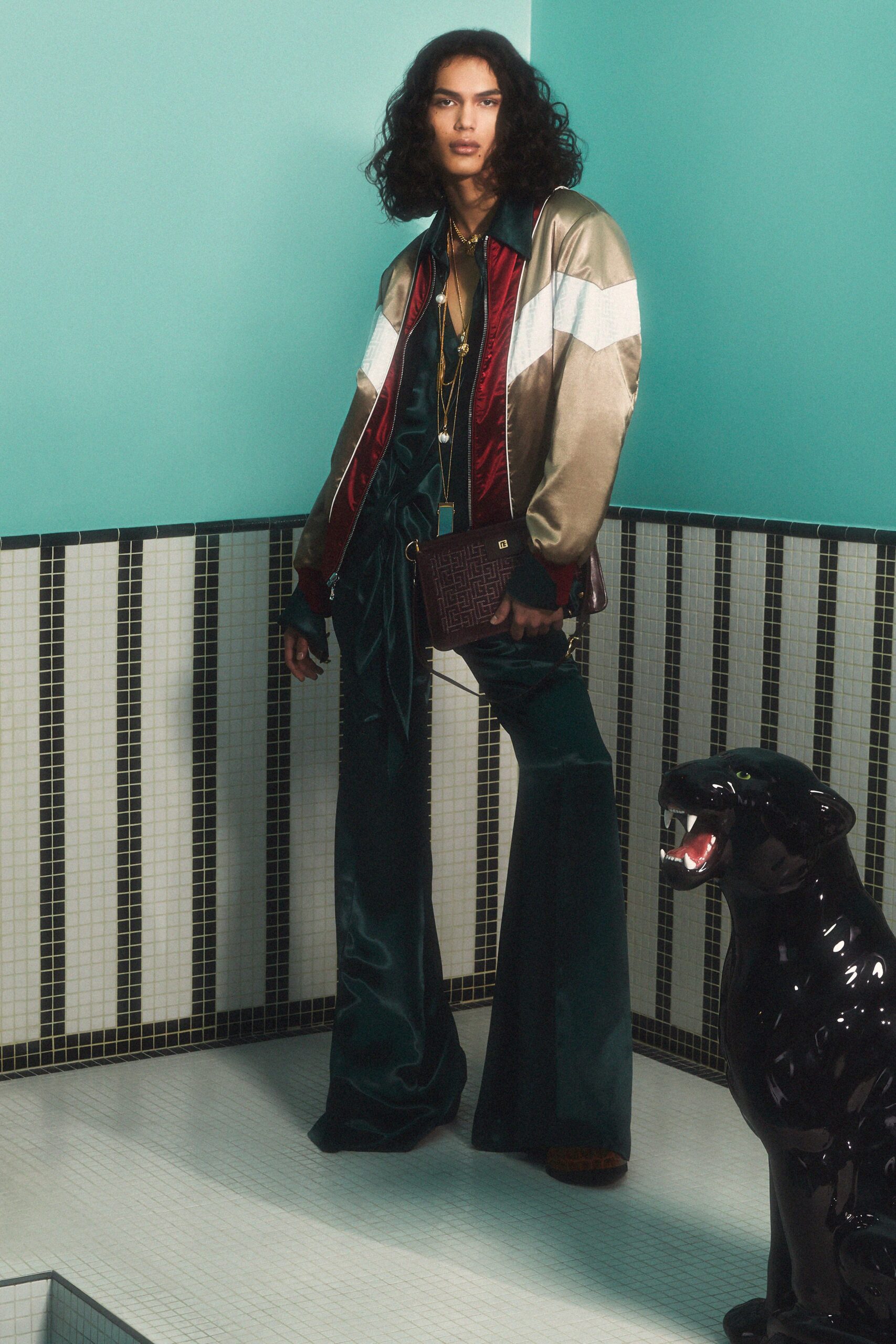 color-blocked silk jacket with flared pants