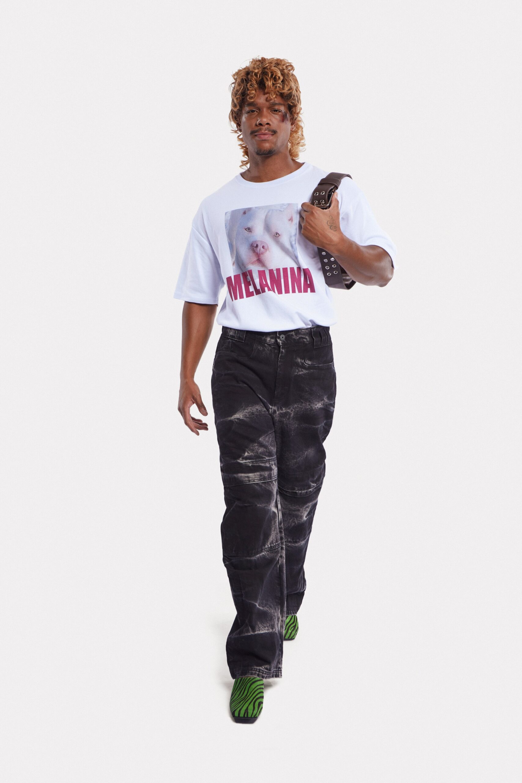 white printed t-shirt with black pants