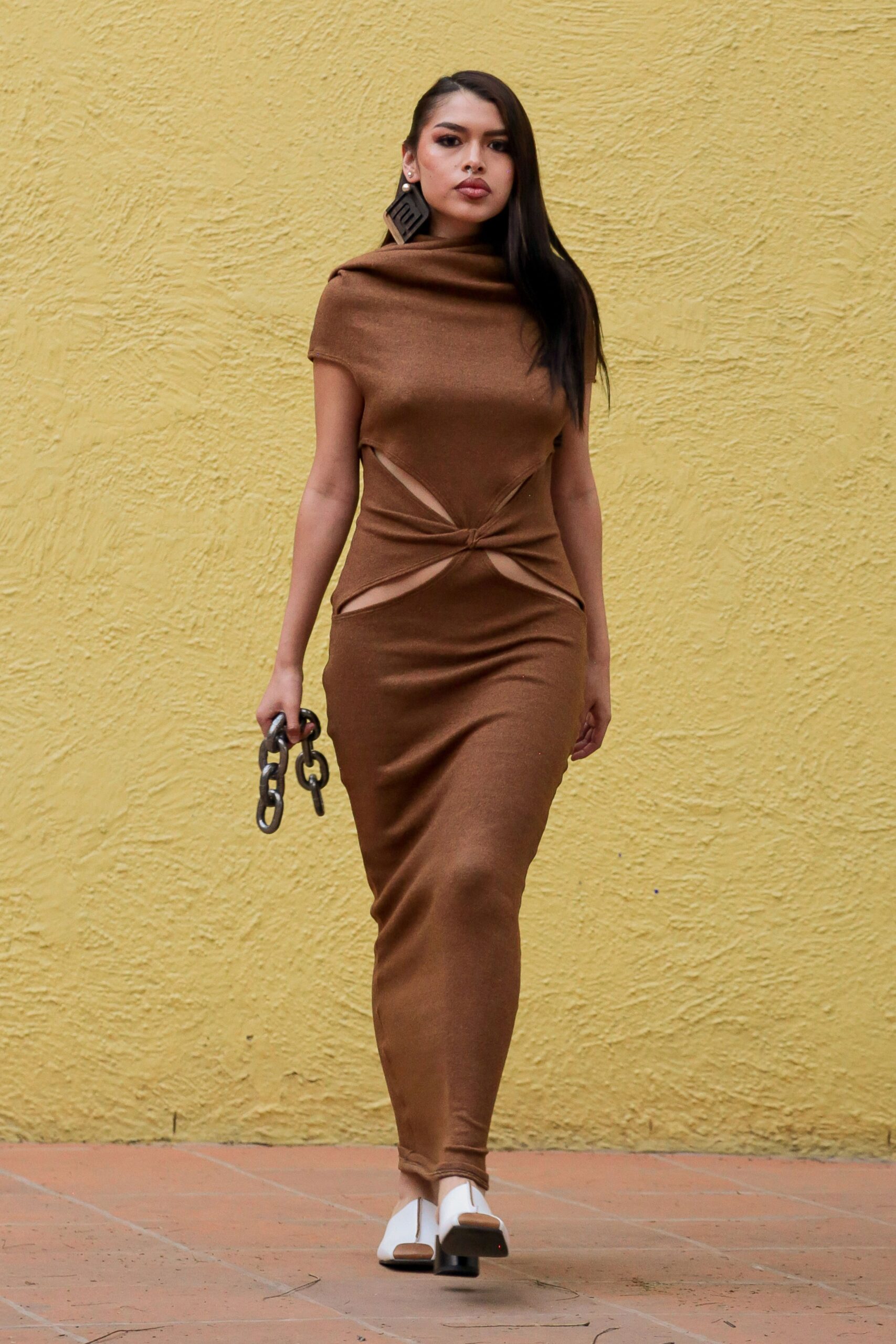fitted brown sleeveless dress