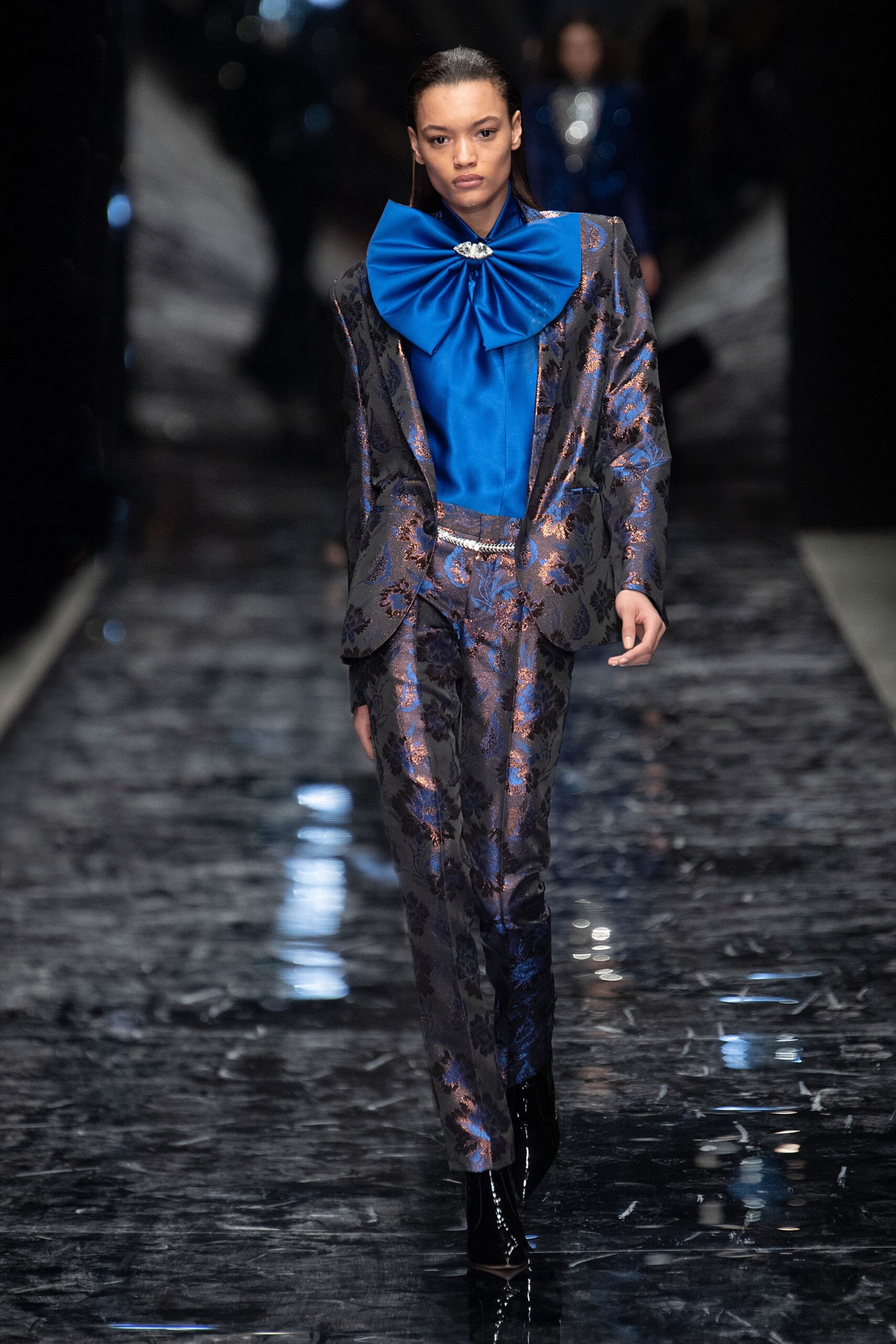 tailored blue silk suit