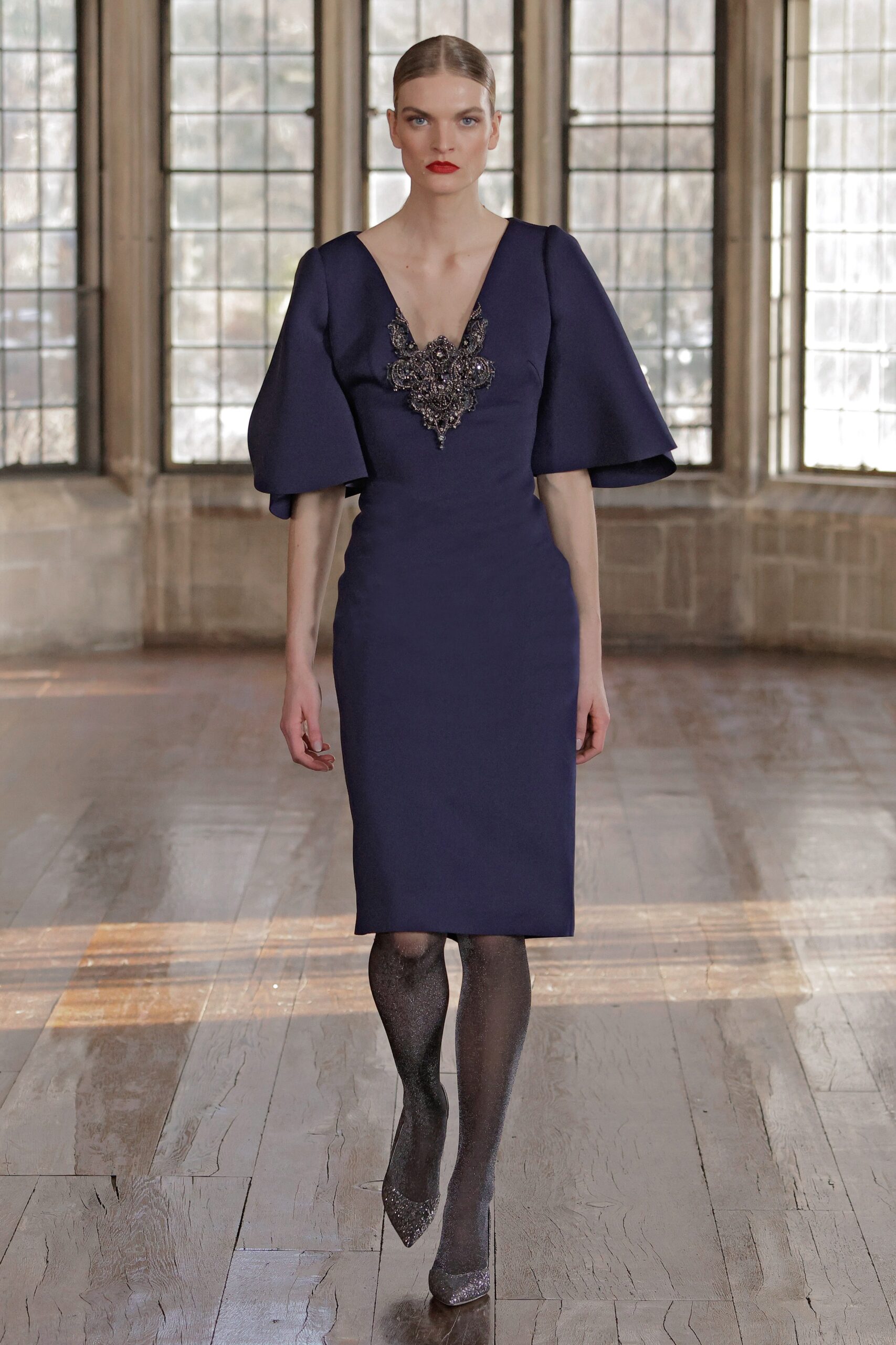 blue silk embroidered dress