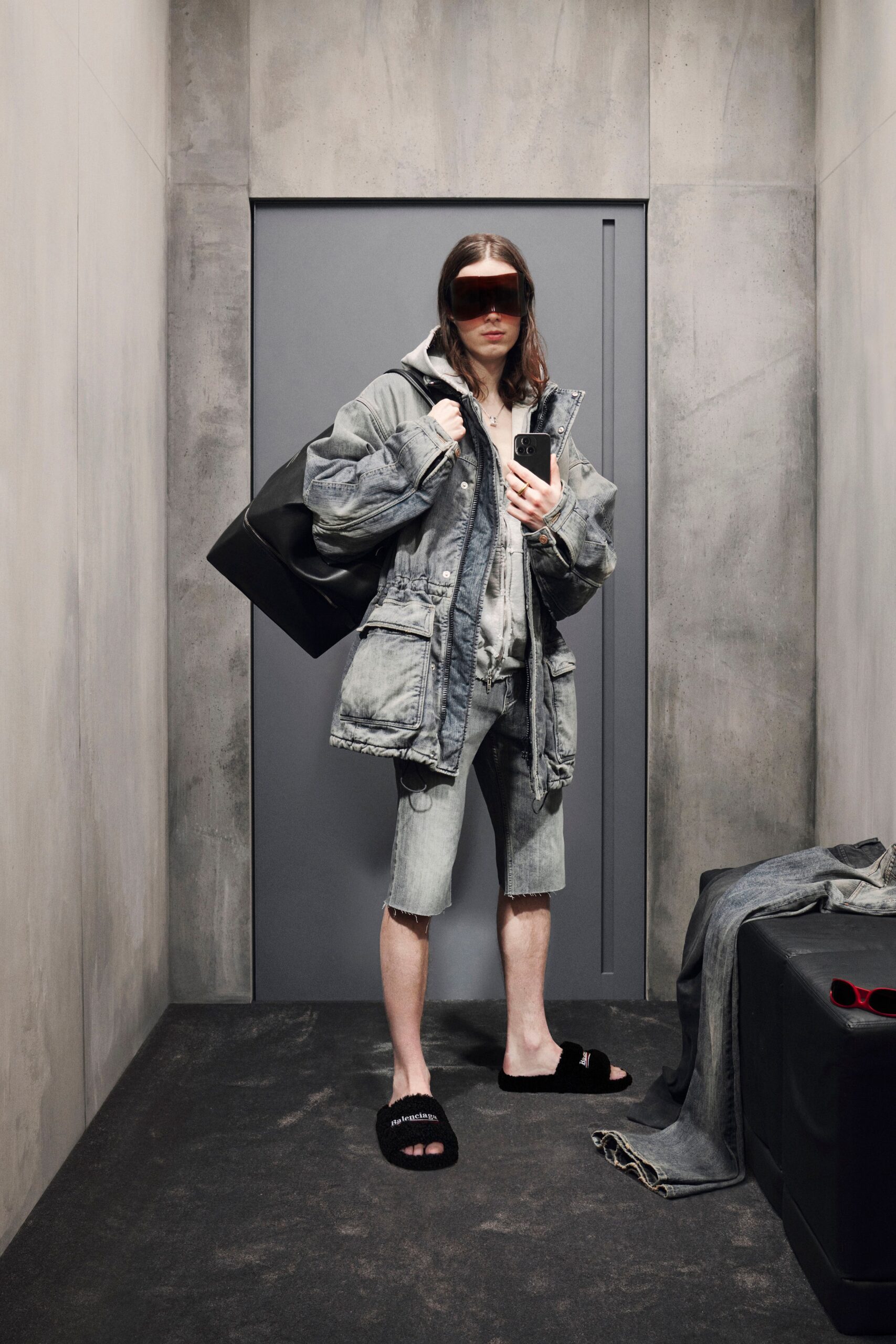 oversized gray denim jacket with shorts