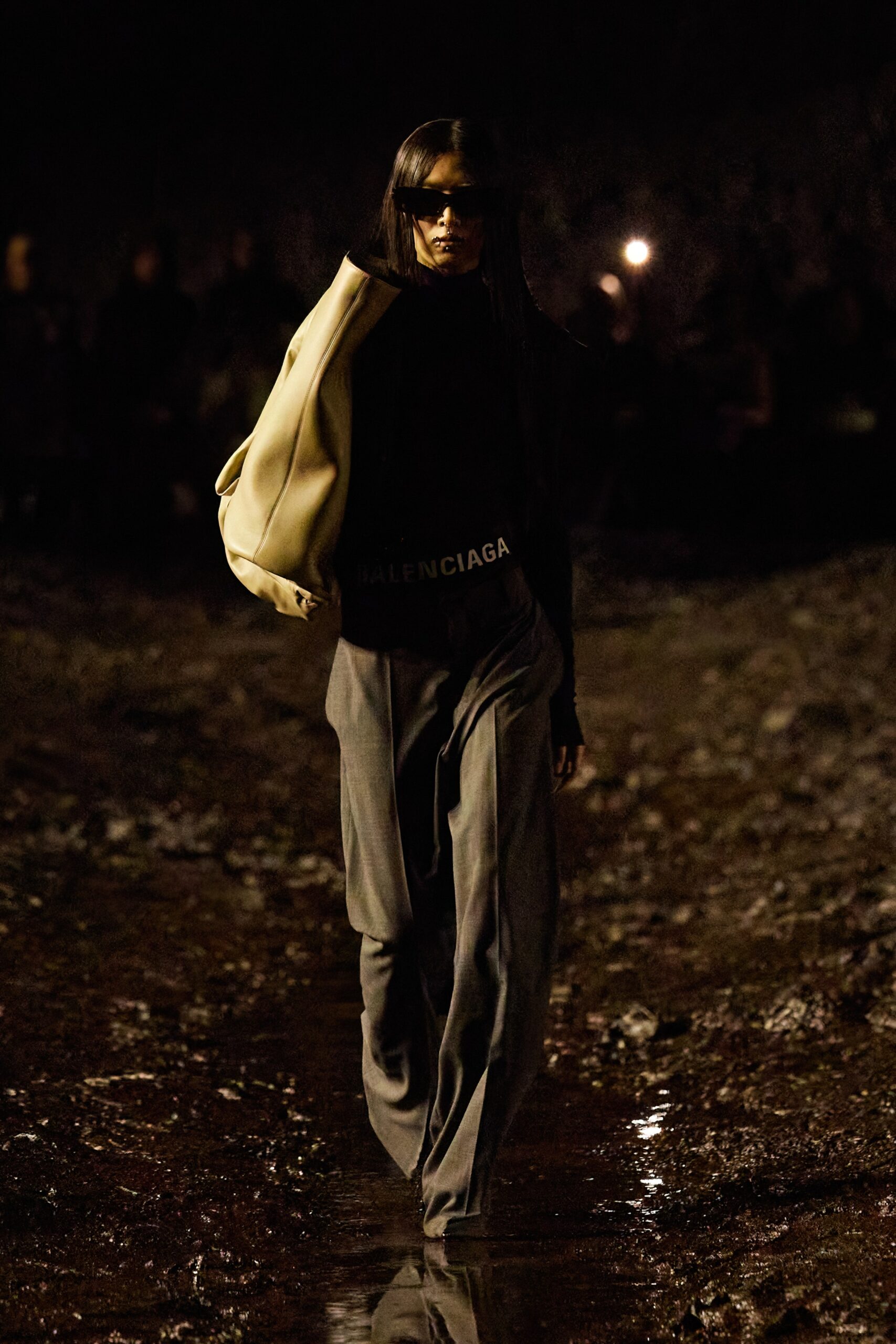 black fitted top gray relaxed pants