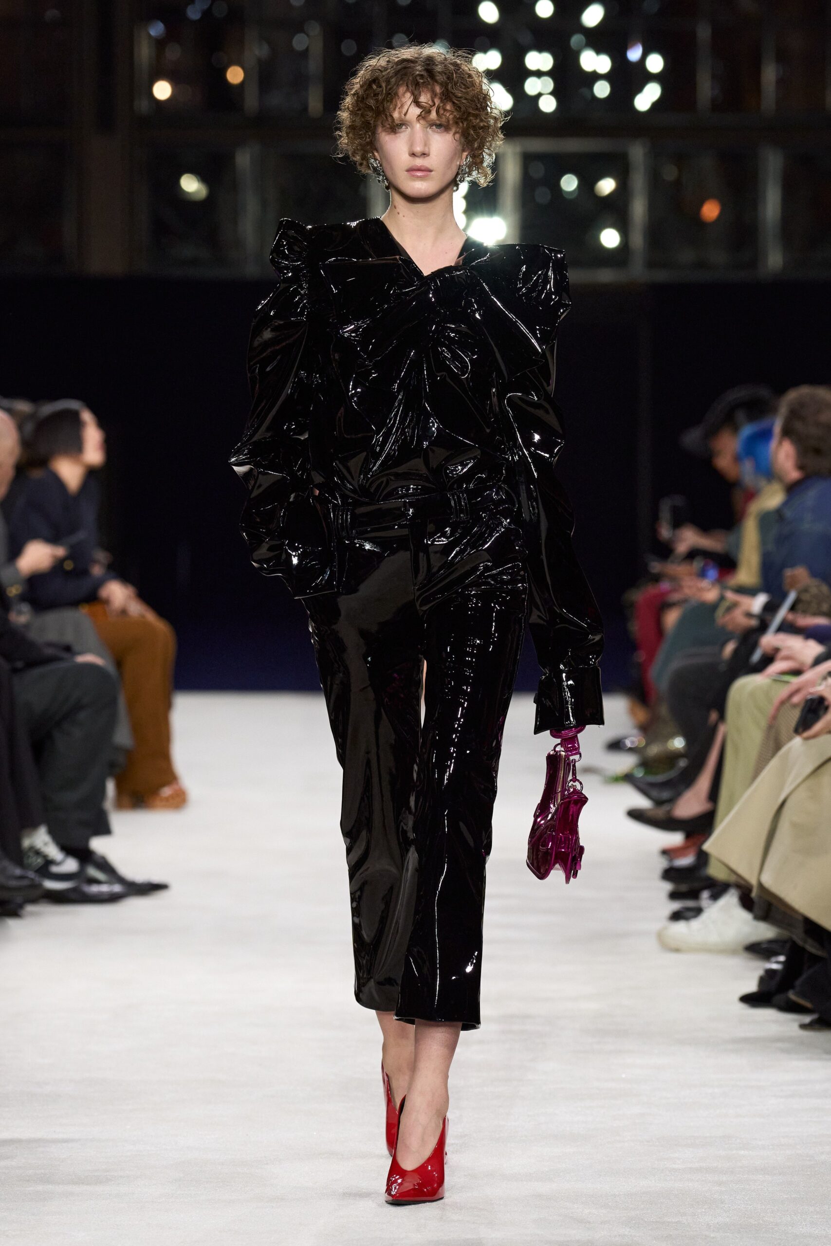 black vinyl long-sleeve high-neck fitted ruffled shiny top