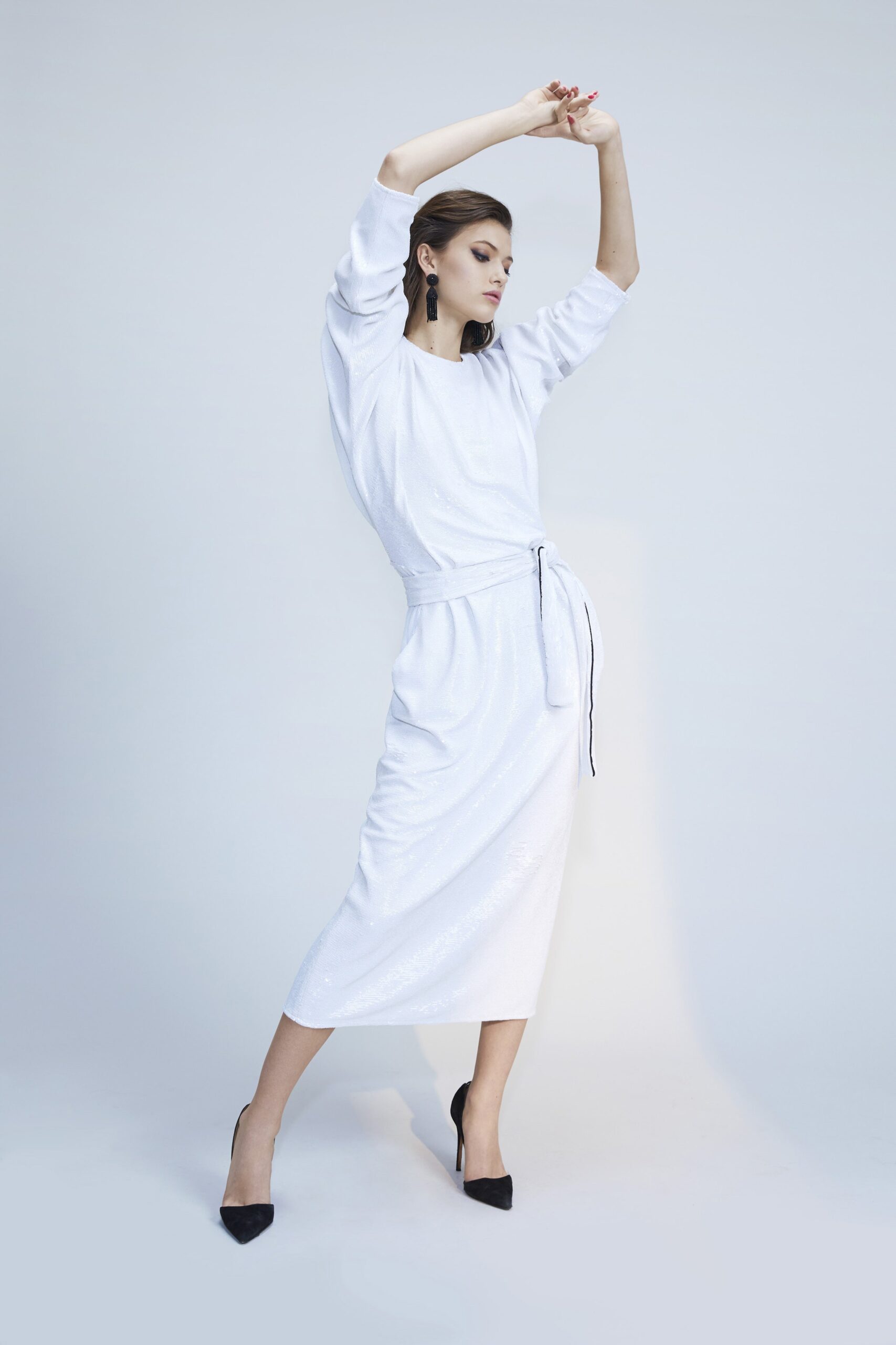 white silk belted midi dress