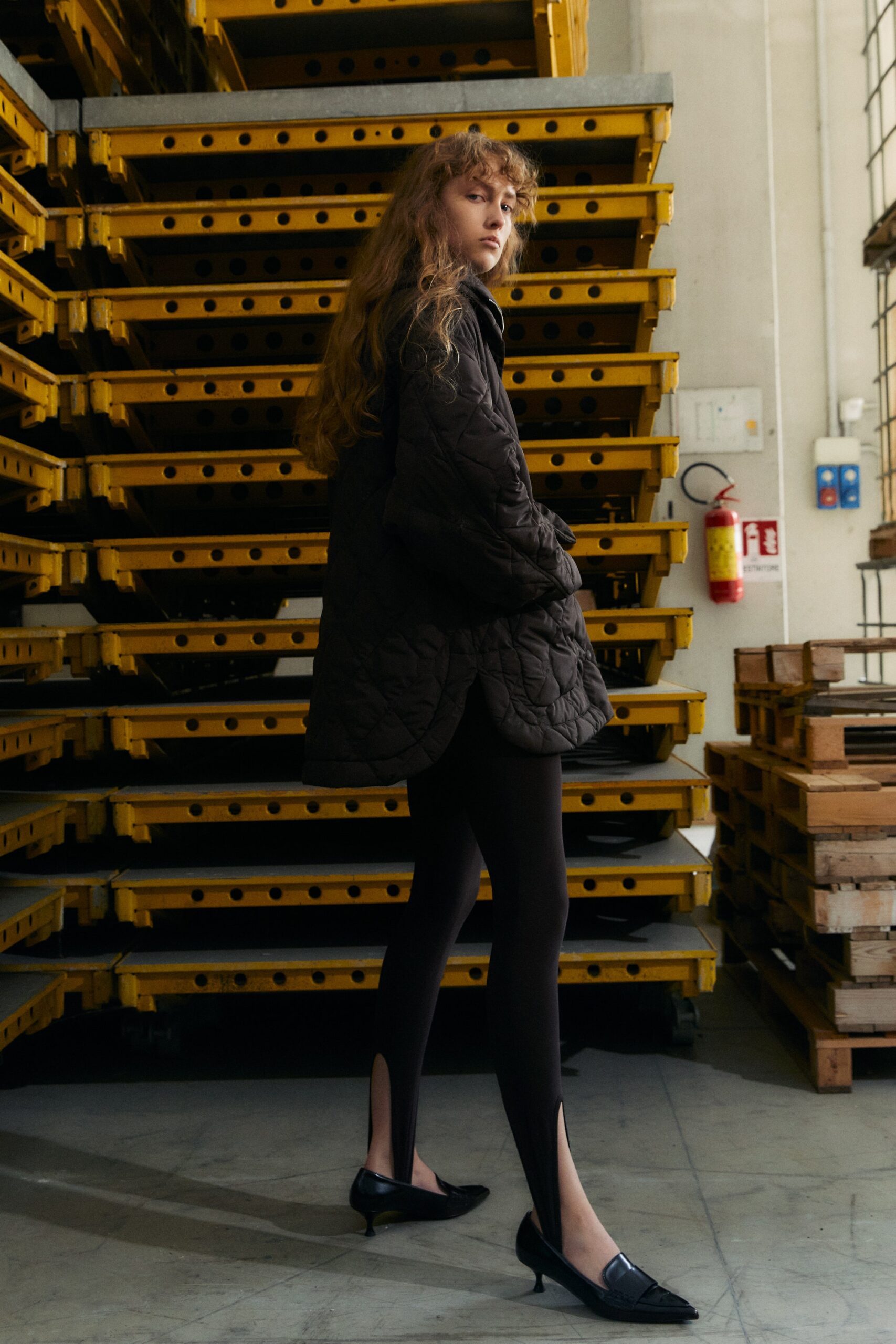 black quilted coat with leggings