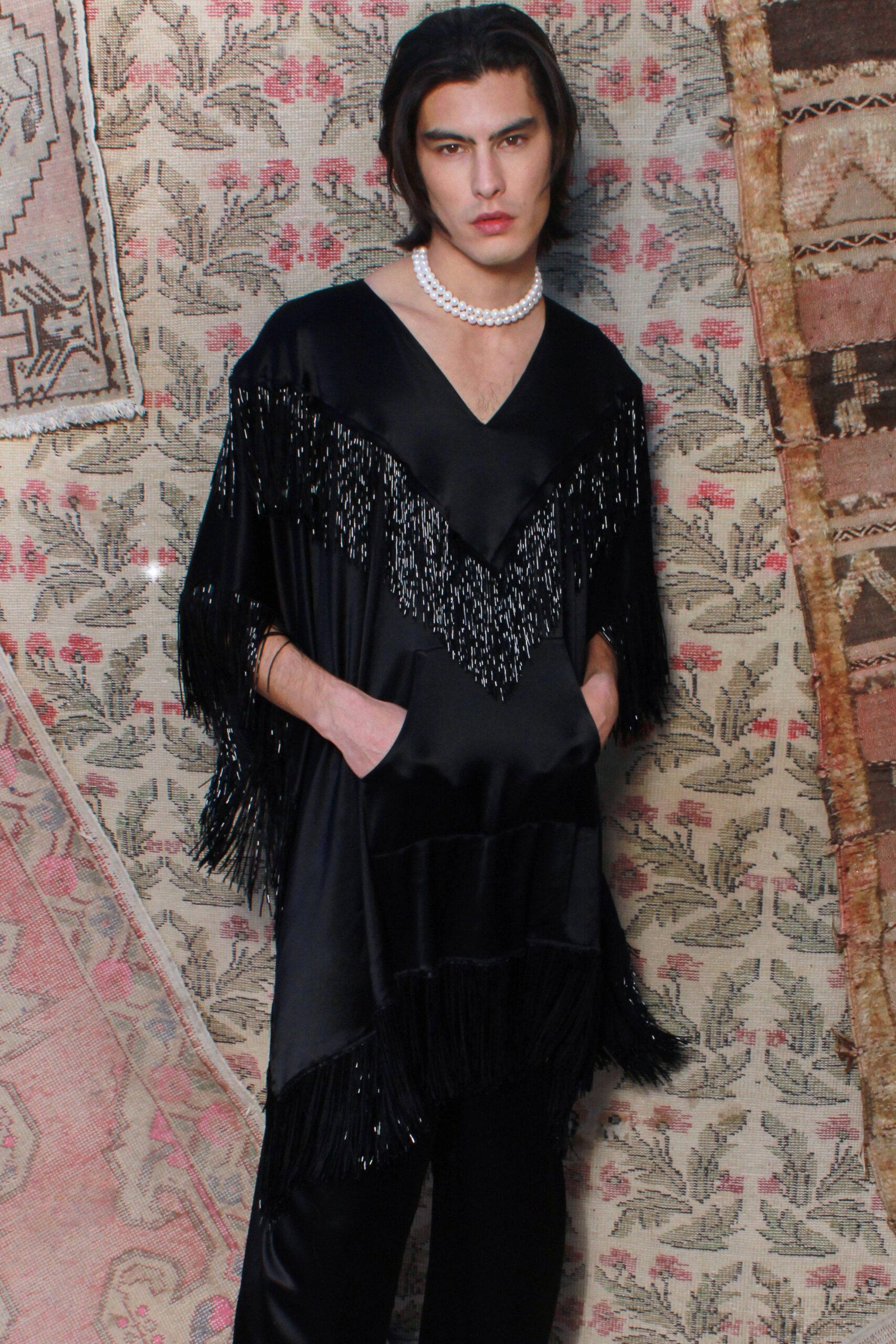 black silk relaxed dress with fringe