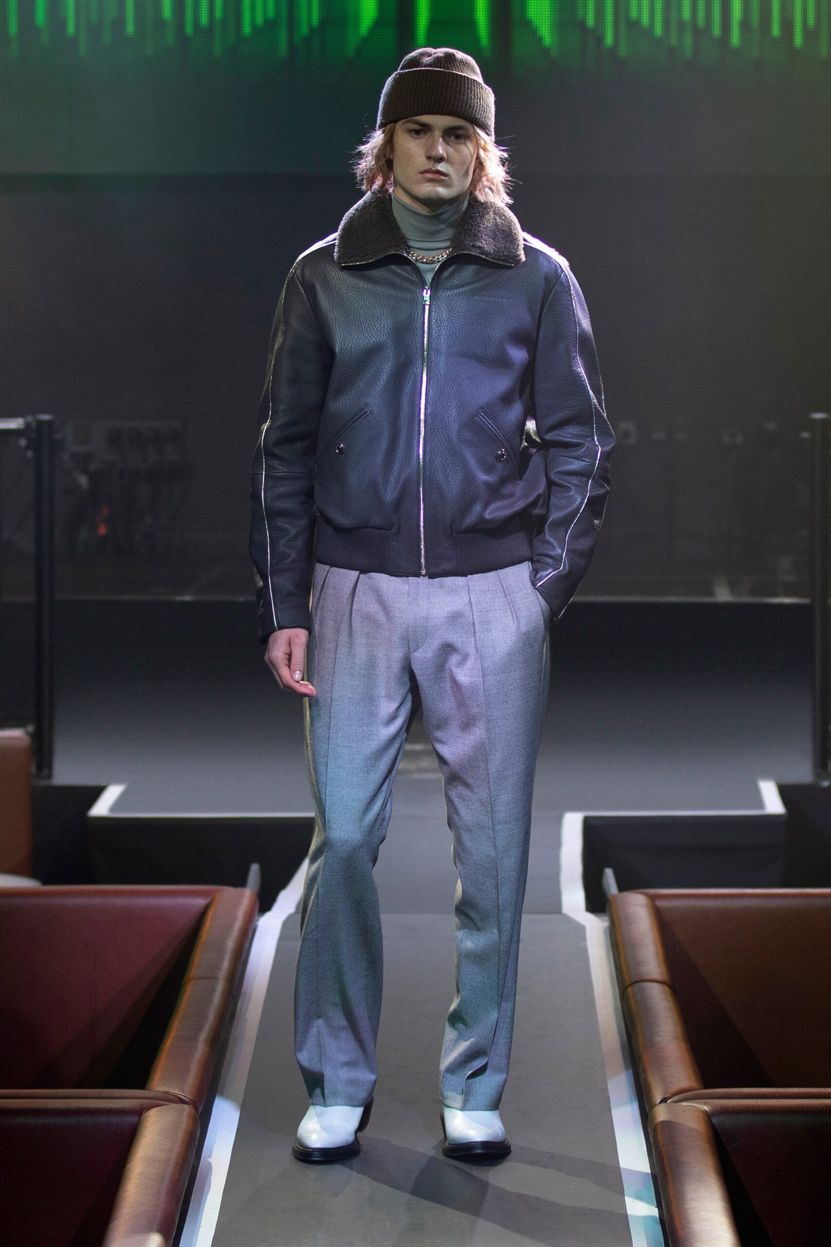 black leather jacket gray pants