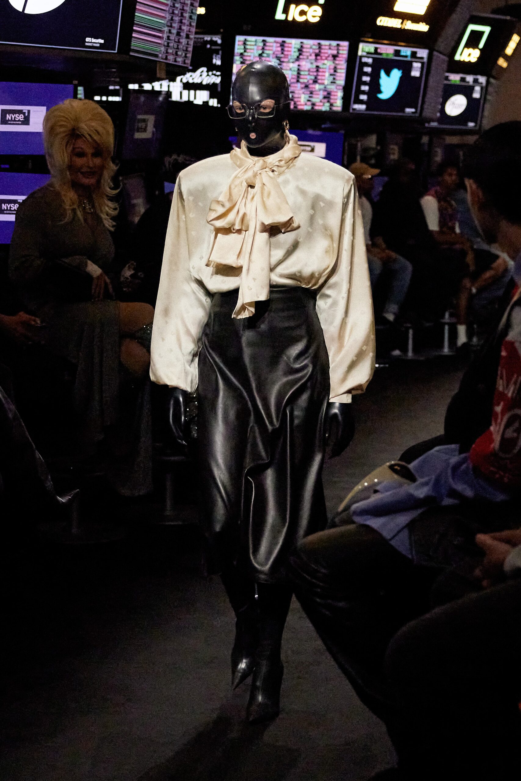 white silk blouse and black leather pants