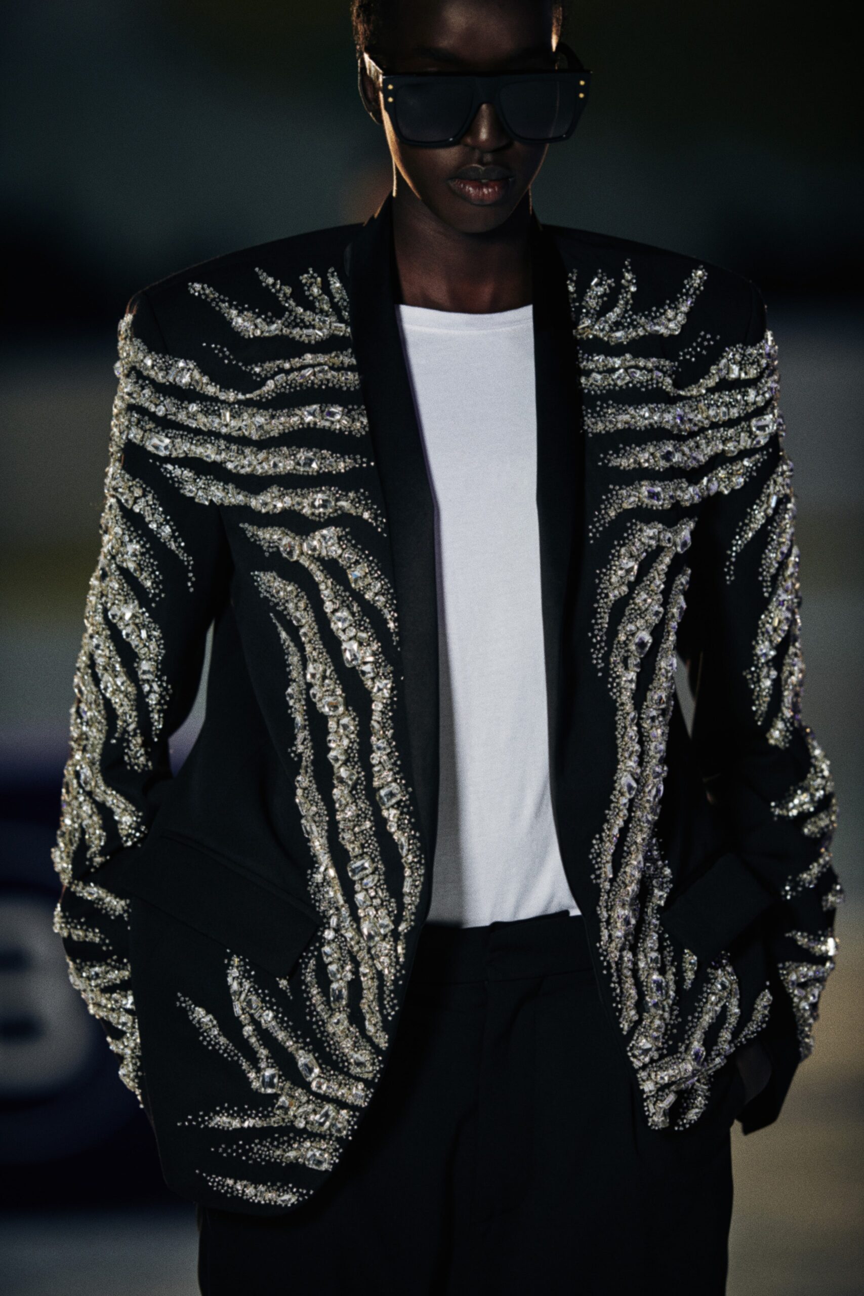 black beaded blazer with white t-shirt