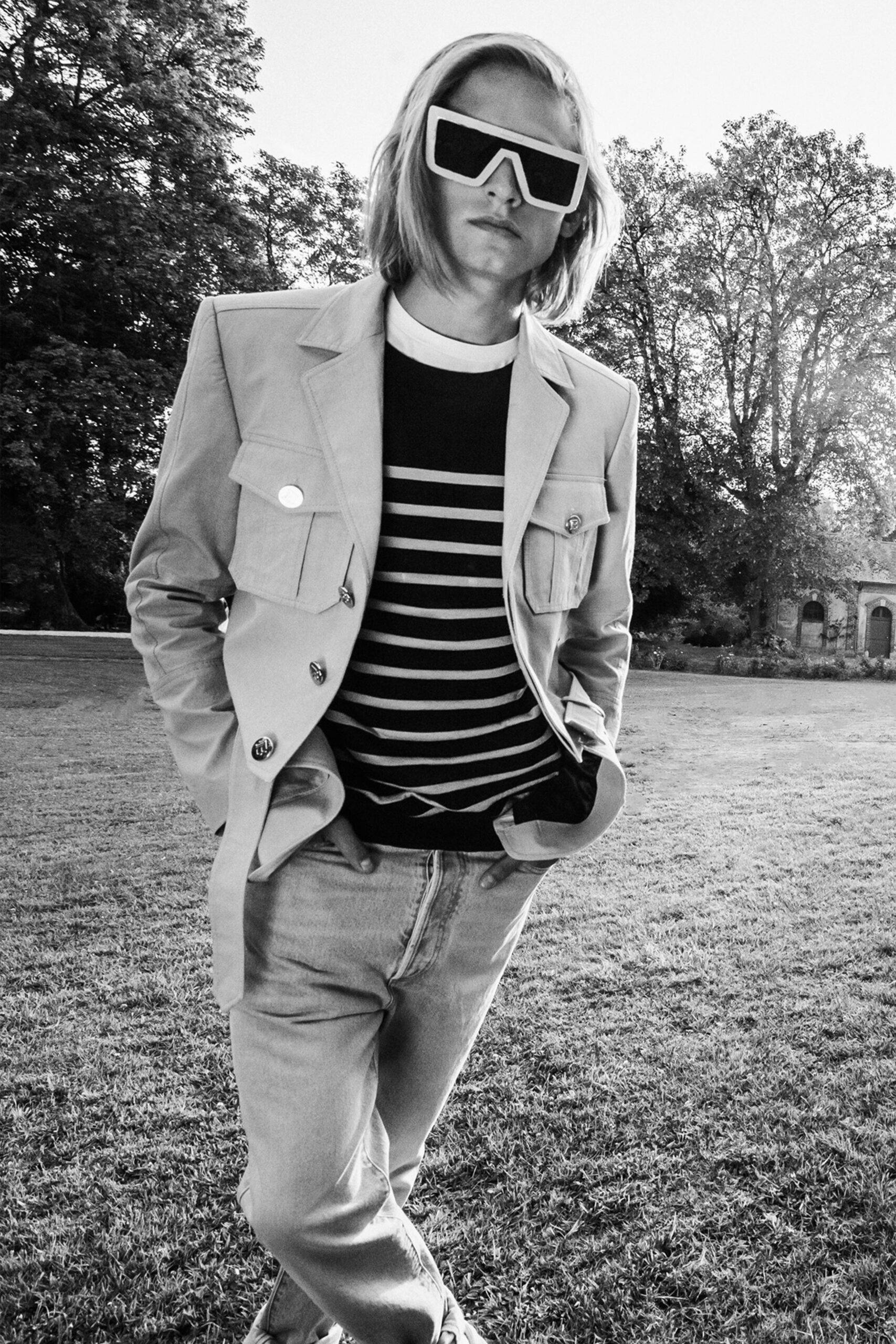 beige tailored blazer with striped sweater