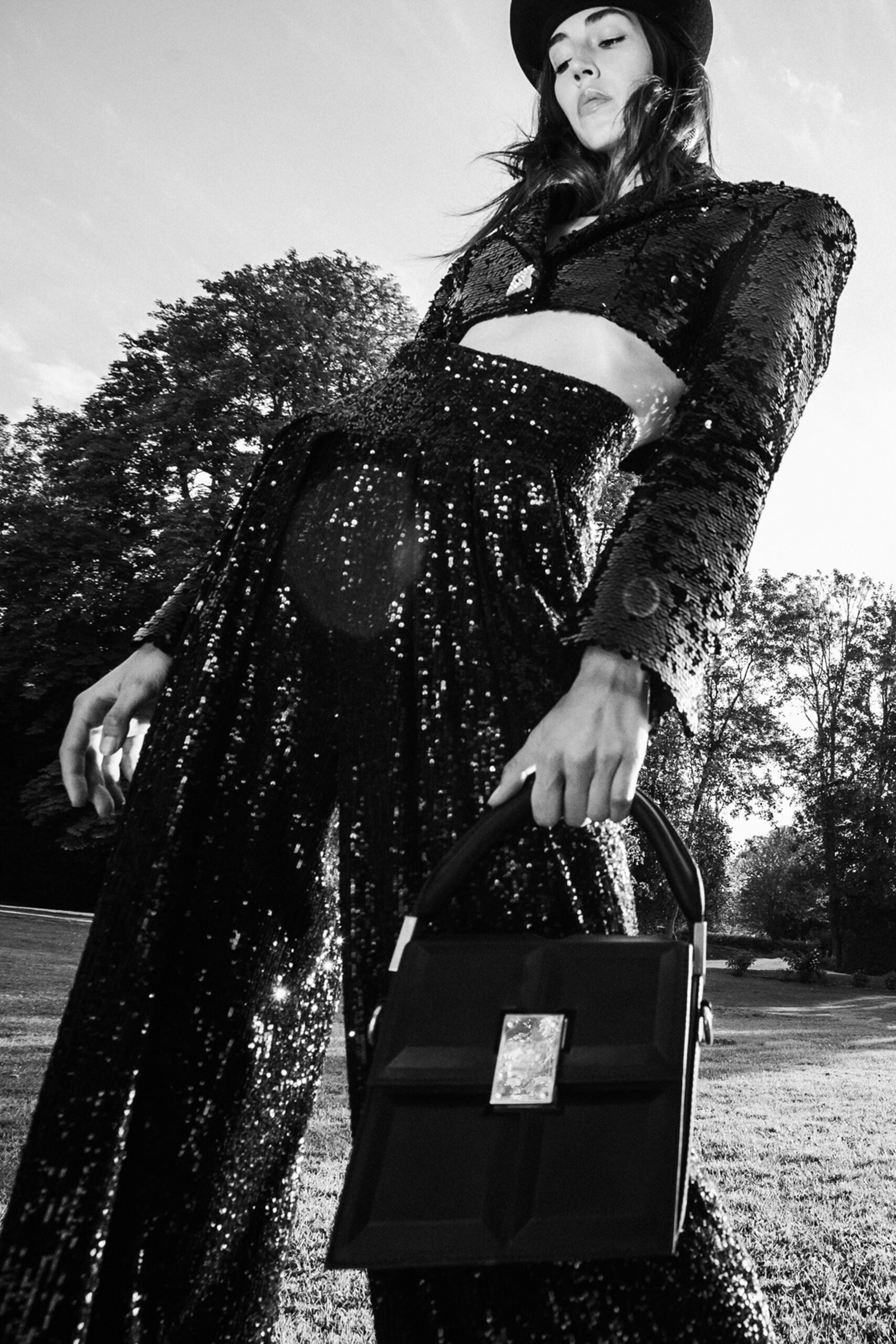 black sequin blazer and pants