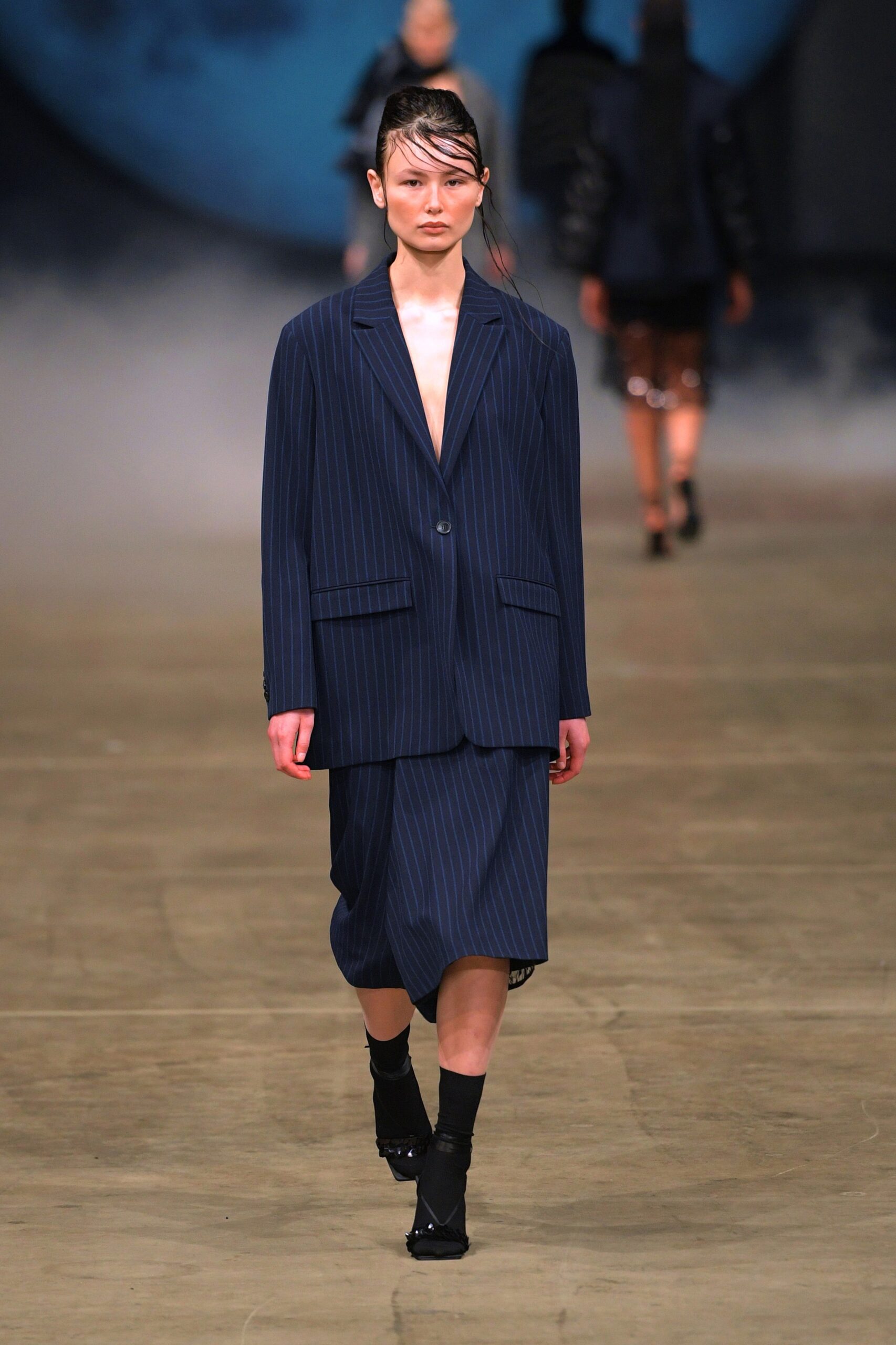 navy striped tailored blazer and midi skirt