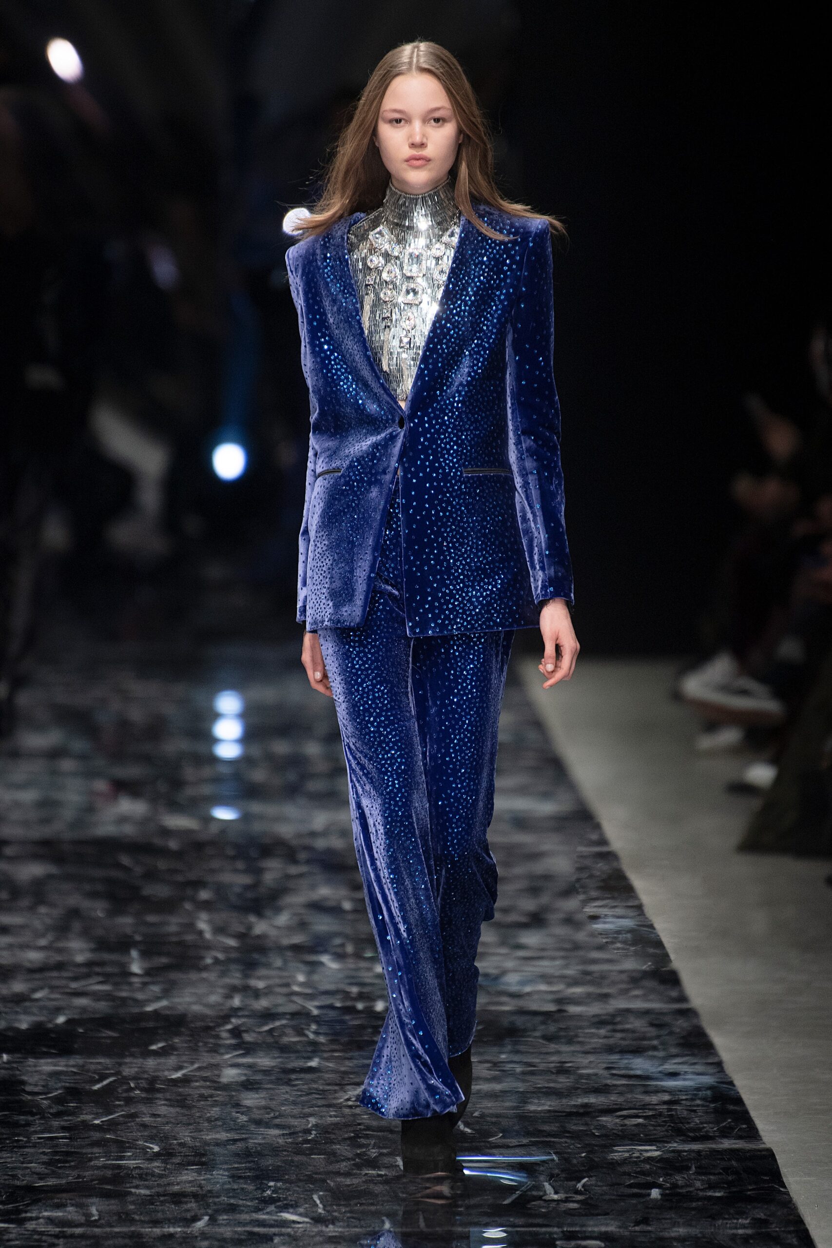 blue velvet long-sleeve collared fitted embellished shiny suit