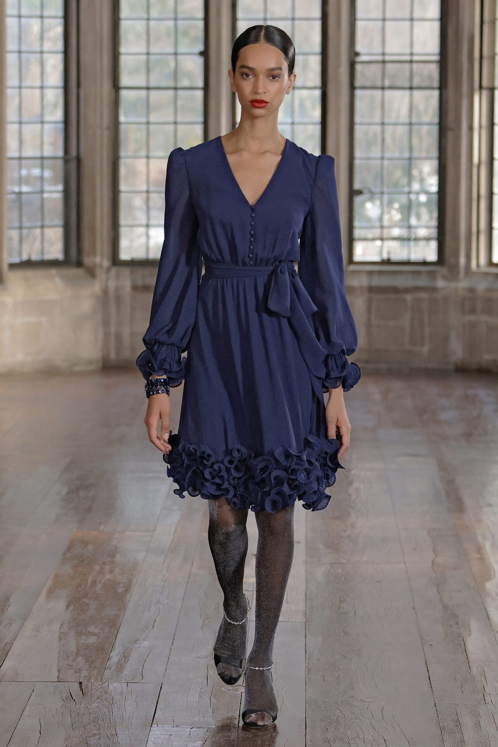 blue silk long-sleeve dress