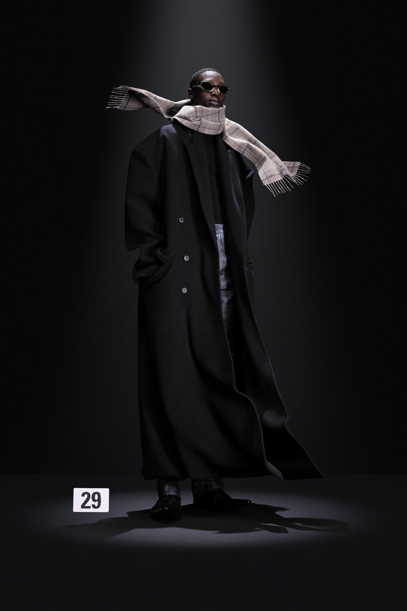 oversized black wool coat with scarf