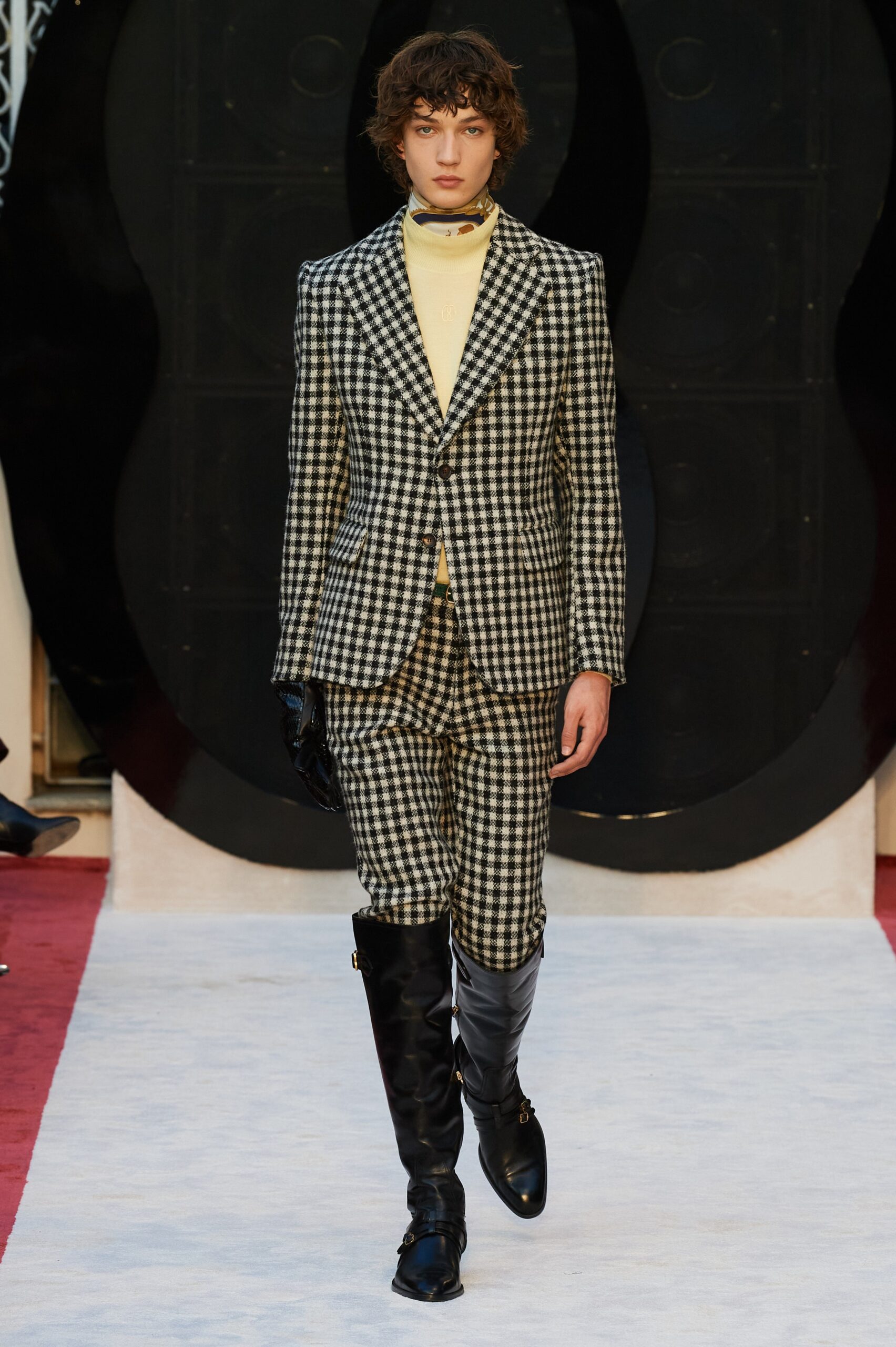 black and white checked suit