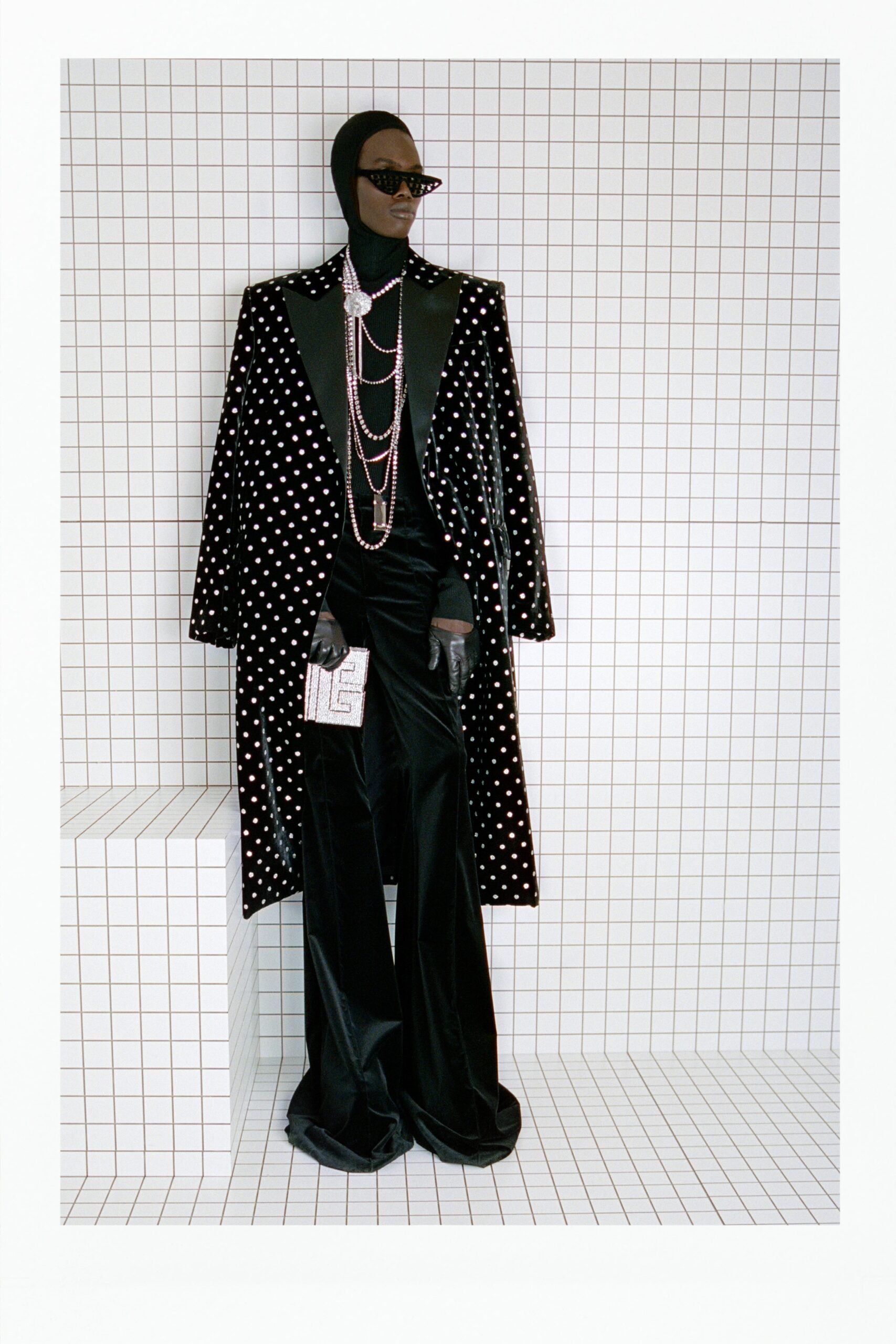 black velvet long-sleeve collared fitted polka-dot buttoned coat