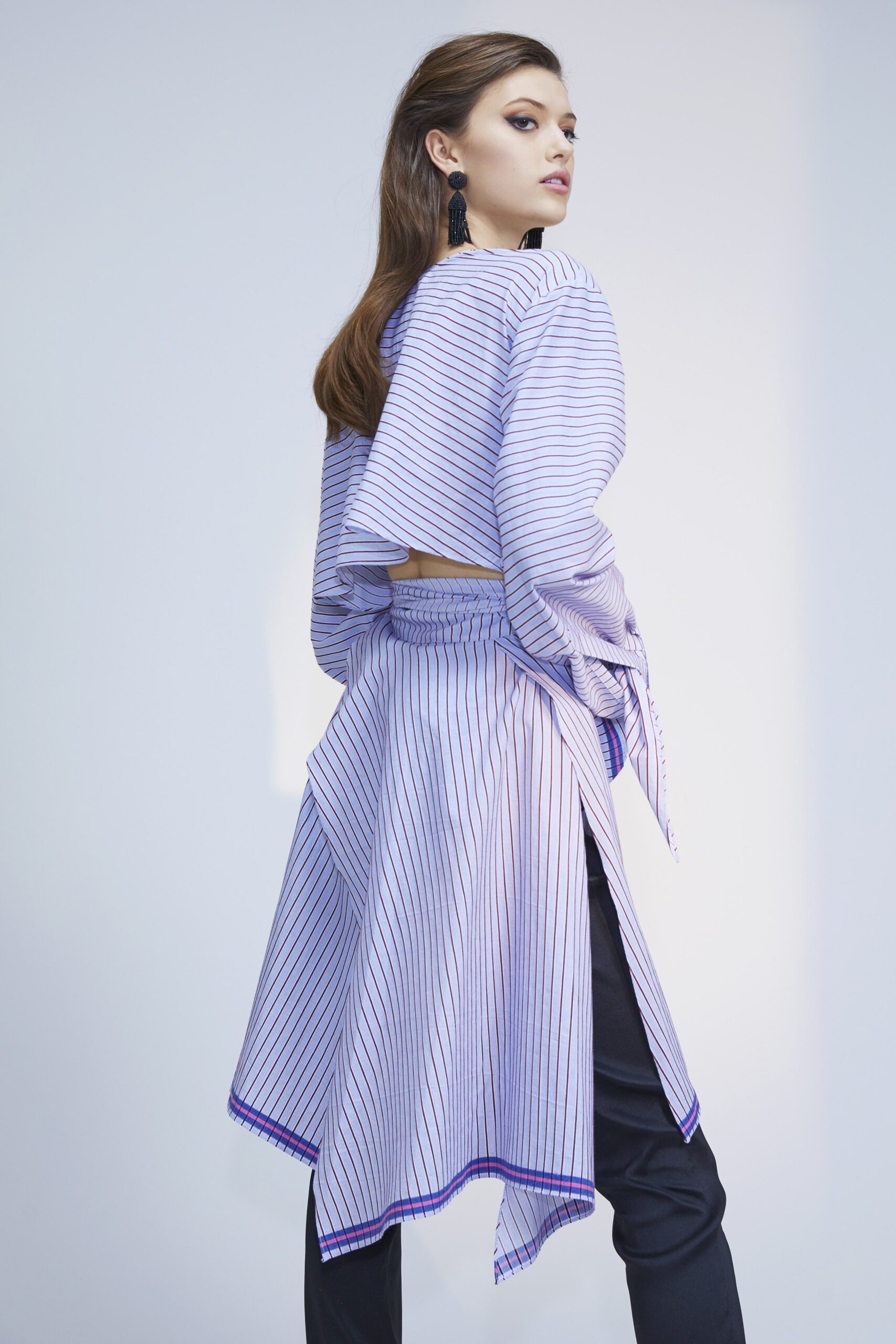 blue cotton long-sleeve collared relaxed striped draped top
