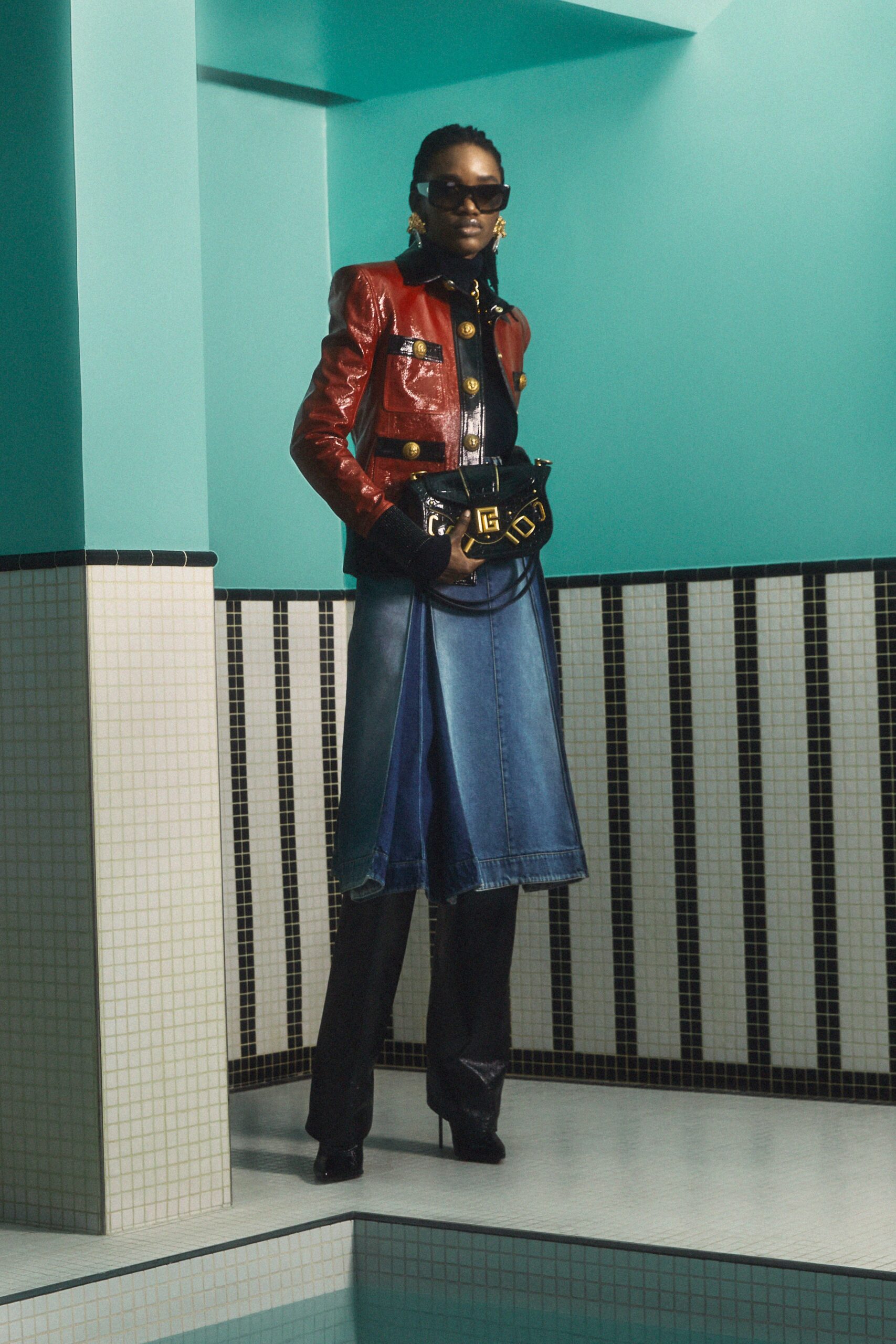 red leather jacket with denim skirt