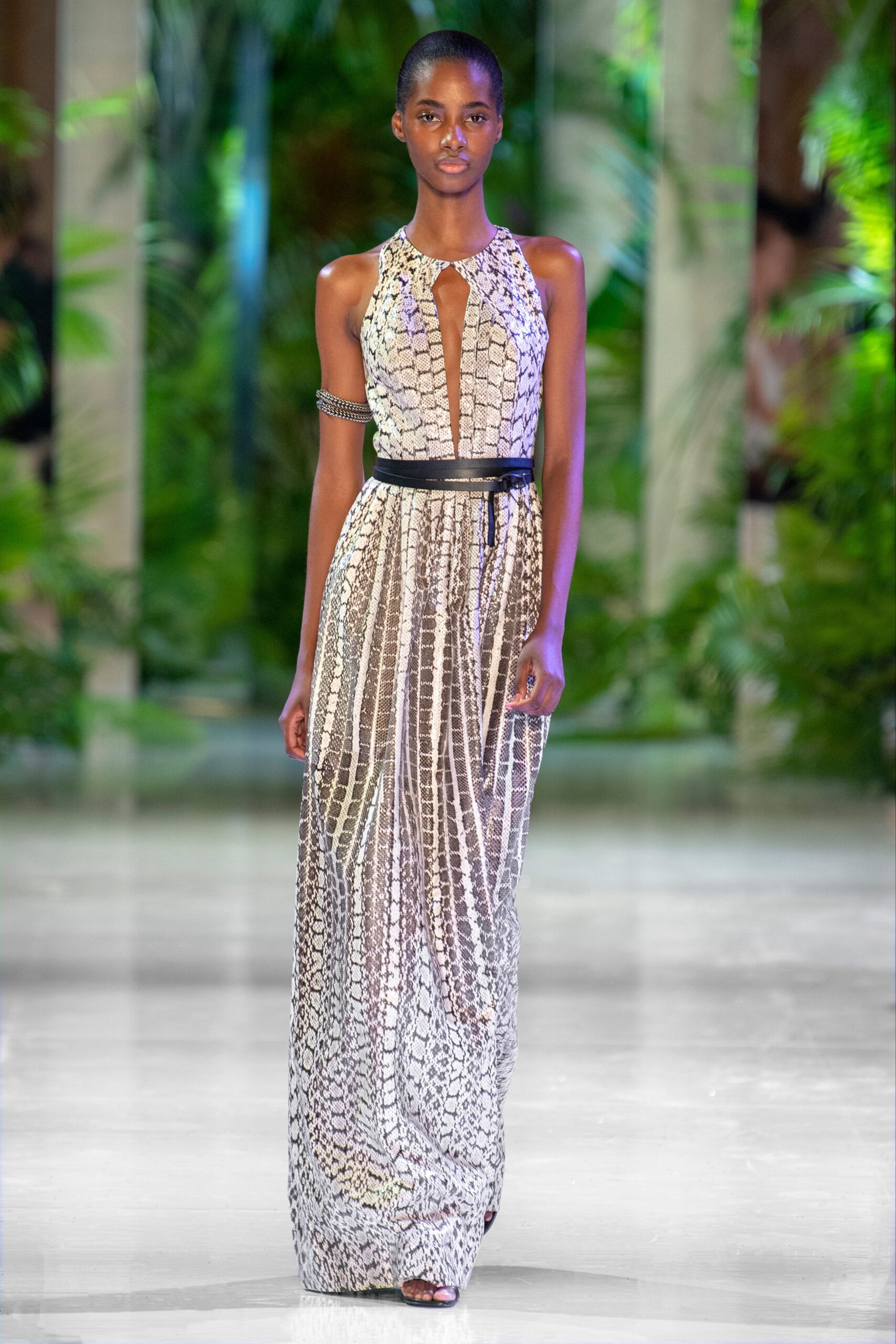 white and black printed maxi gown