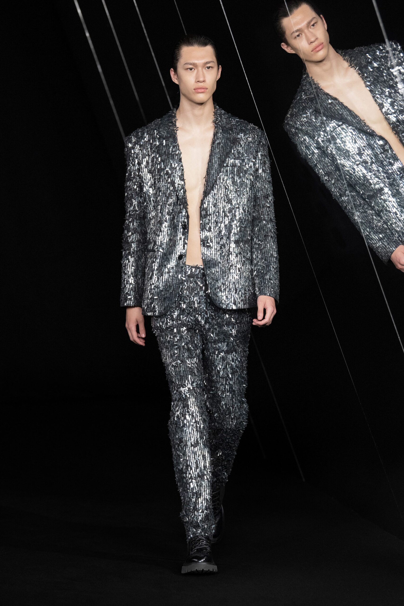 shiny silver sequin suit
