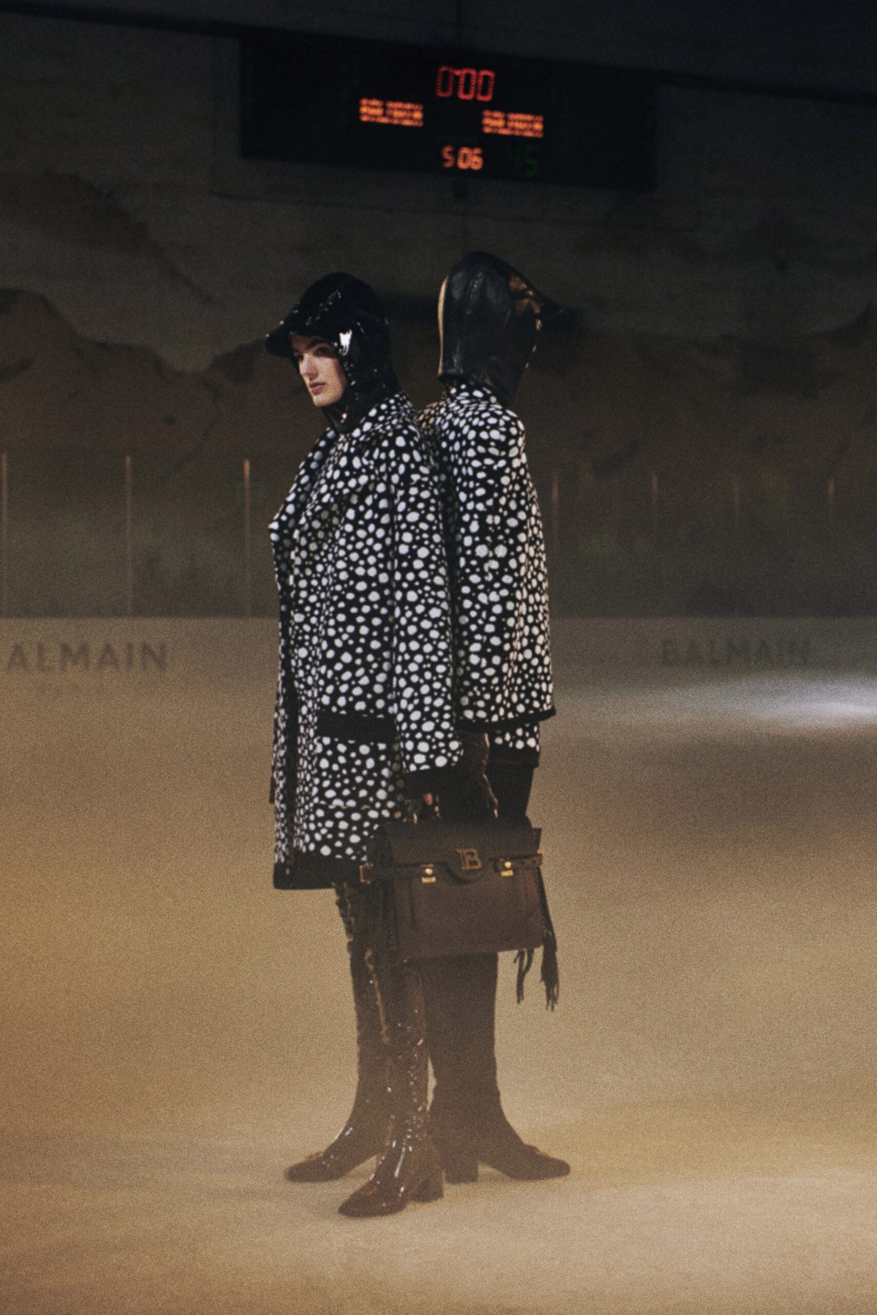 oversized polka-dot coat with boots