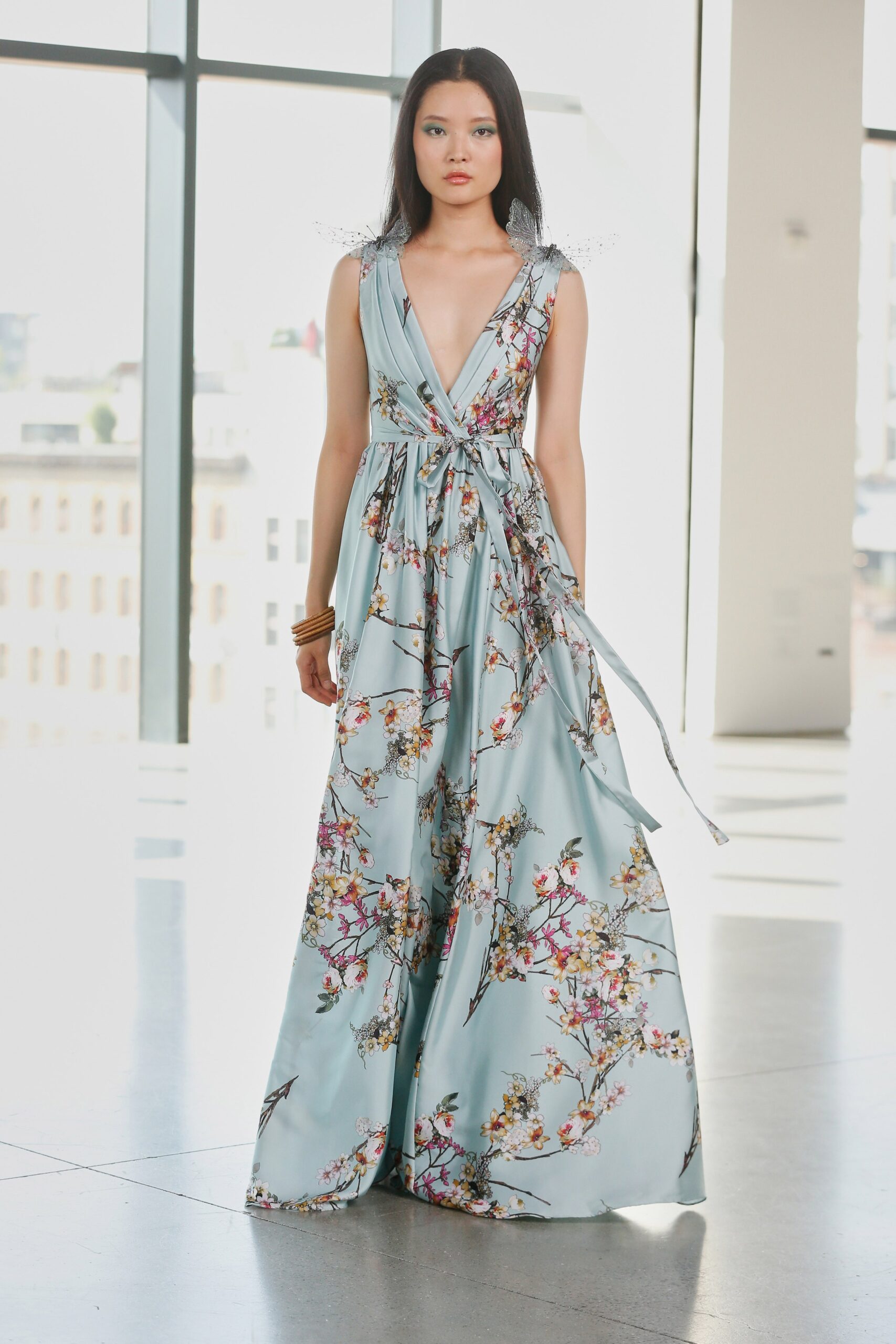 blue floral silk gown