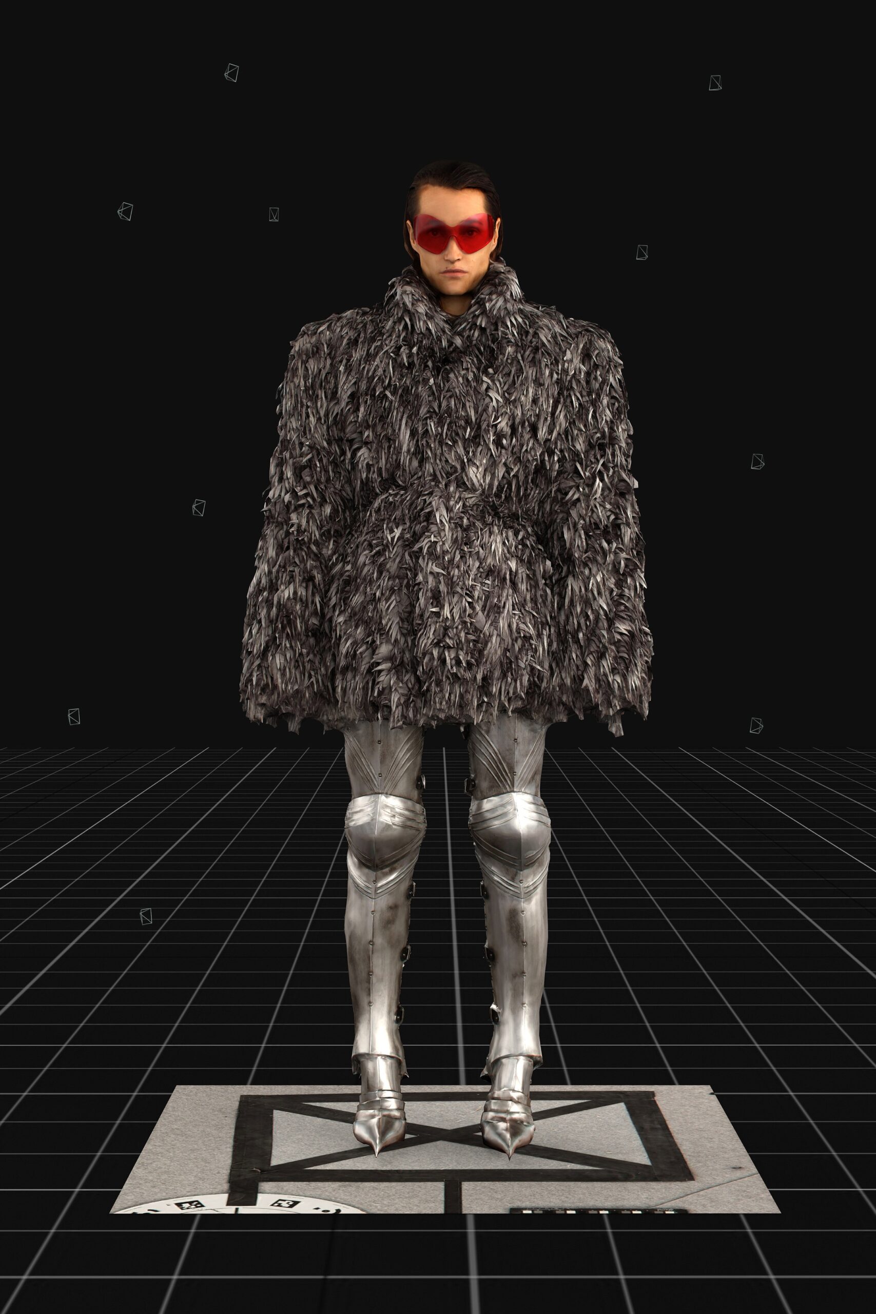 gray metallic fitted straight-leg shiny pants