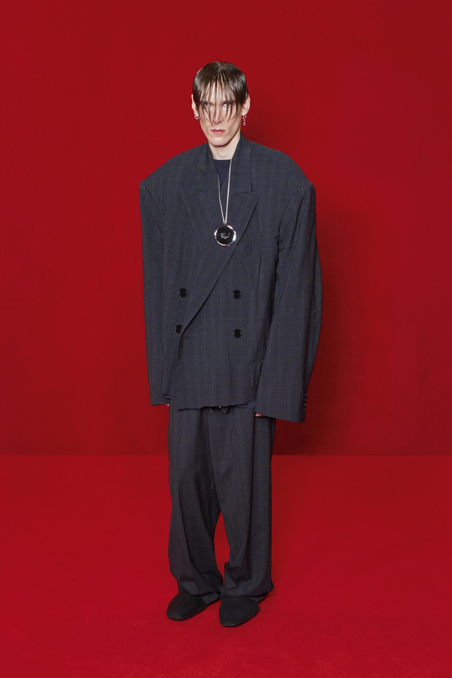 blue wool long-sleeve collared oversized structured jacket