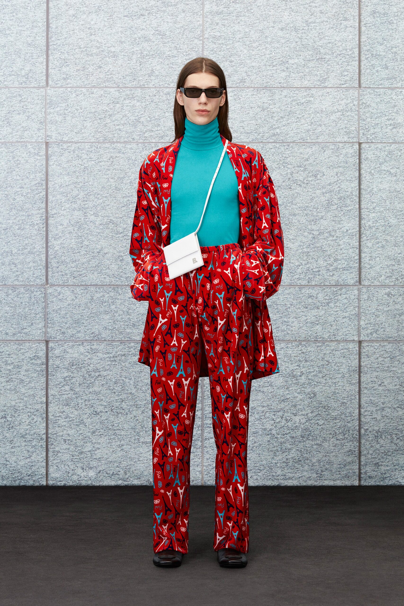 red printed blazer with teal top