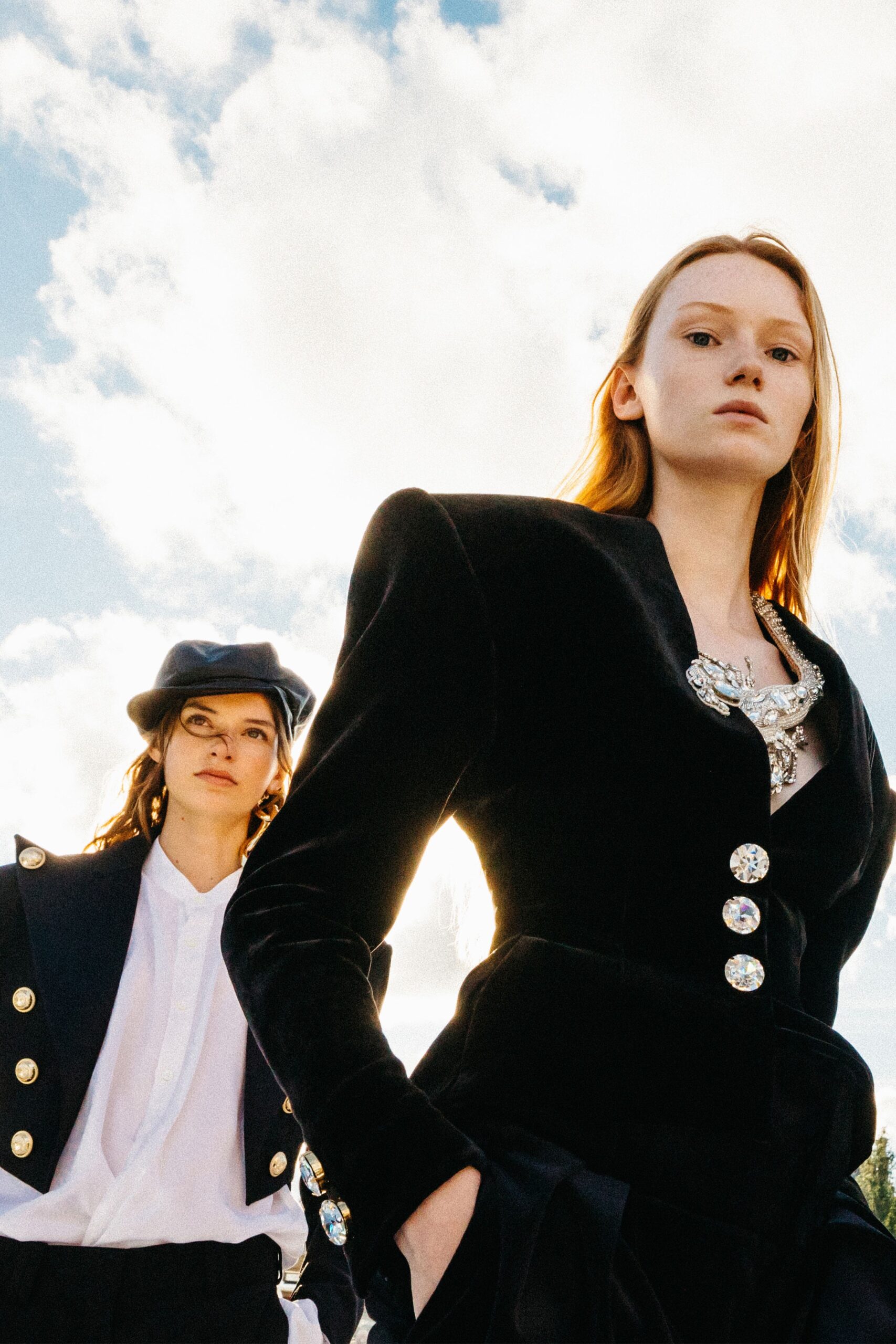 black velvet fitted blazer and white shirt
