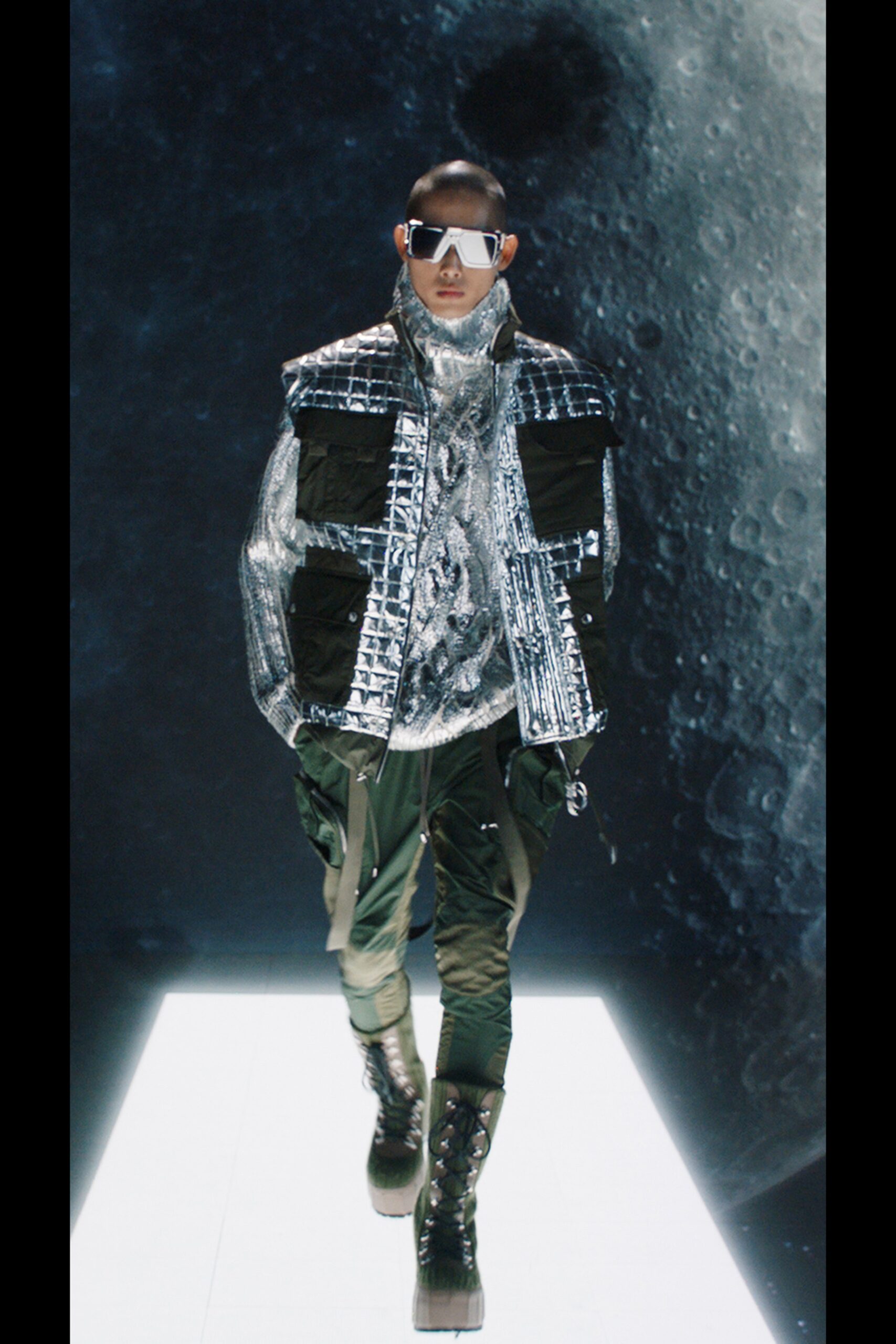 metallic silver vest with cargo pants