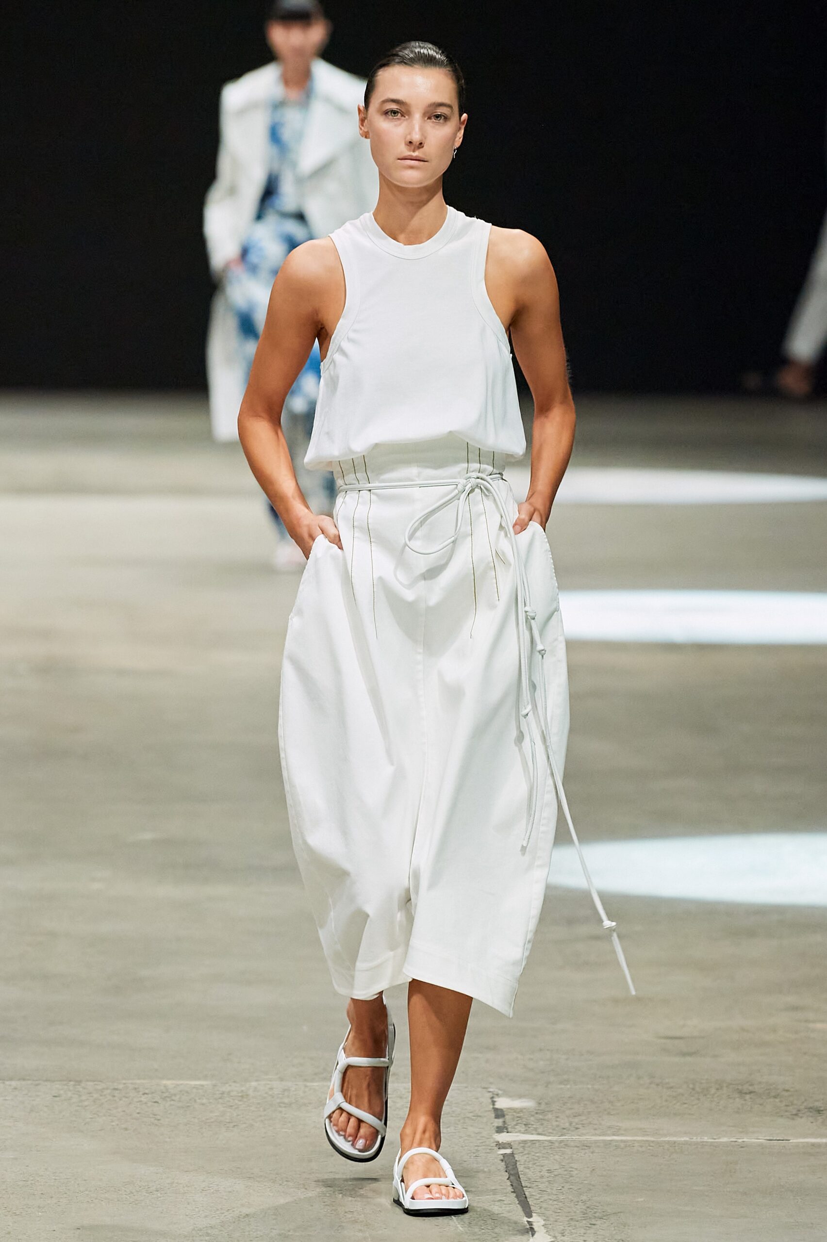 white relaxed top and midi skirt