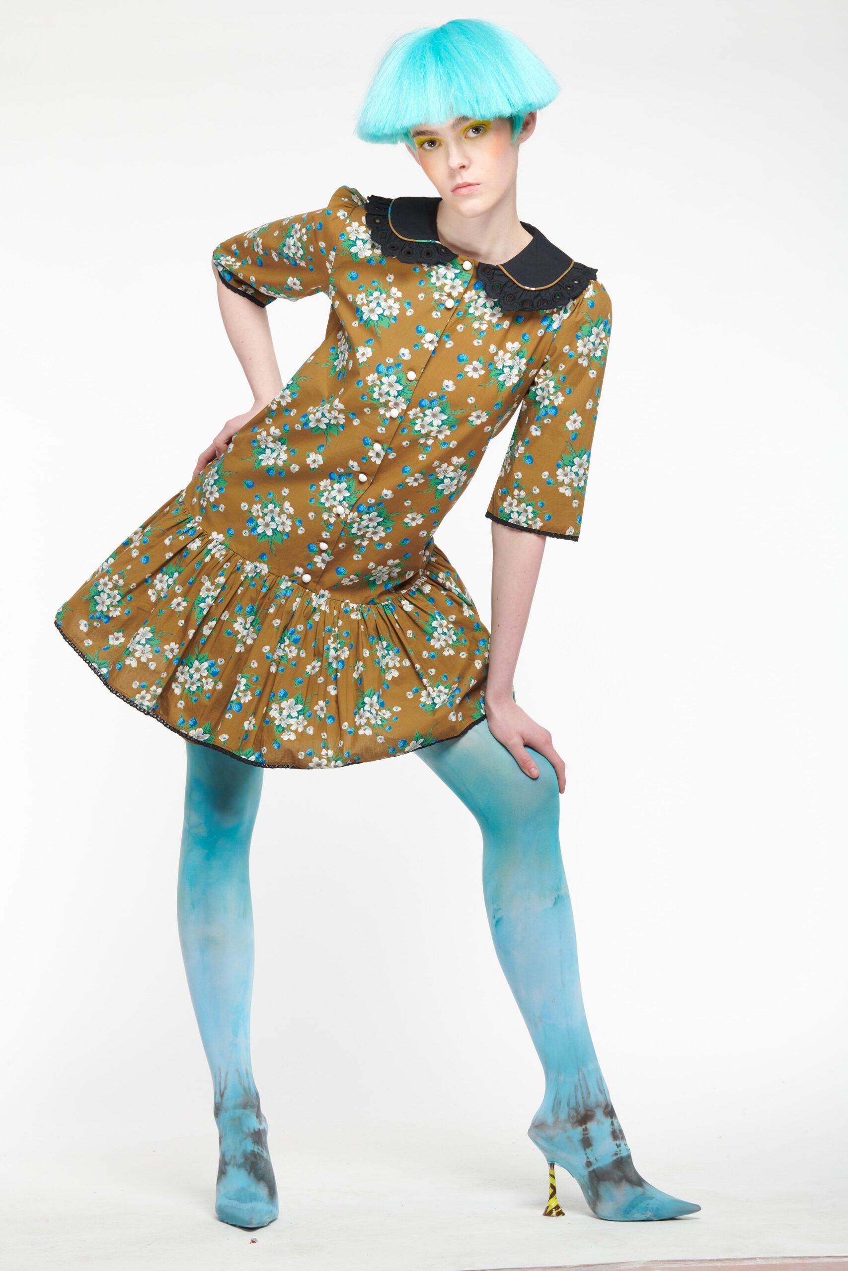 brown cotton long-sleeve collared fitted floral flared dress