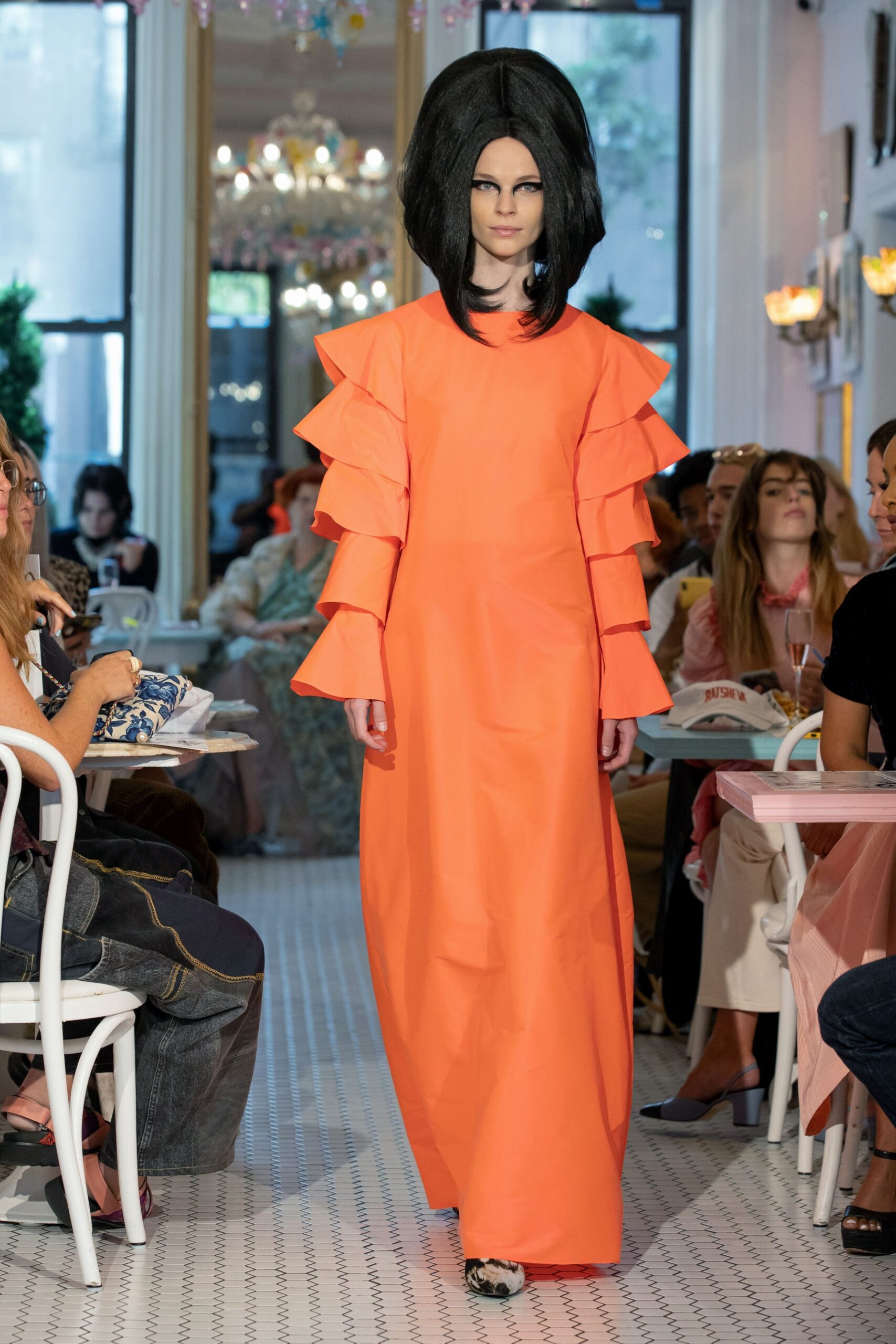 orange ruffled long-sleeve dress