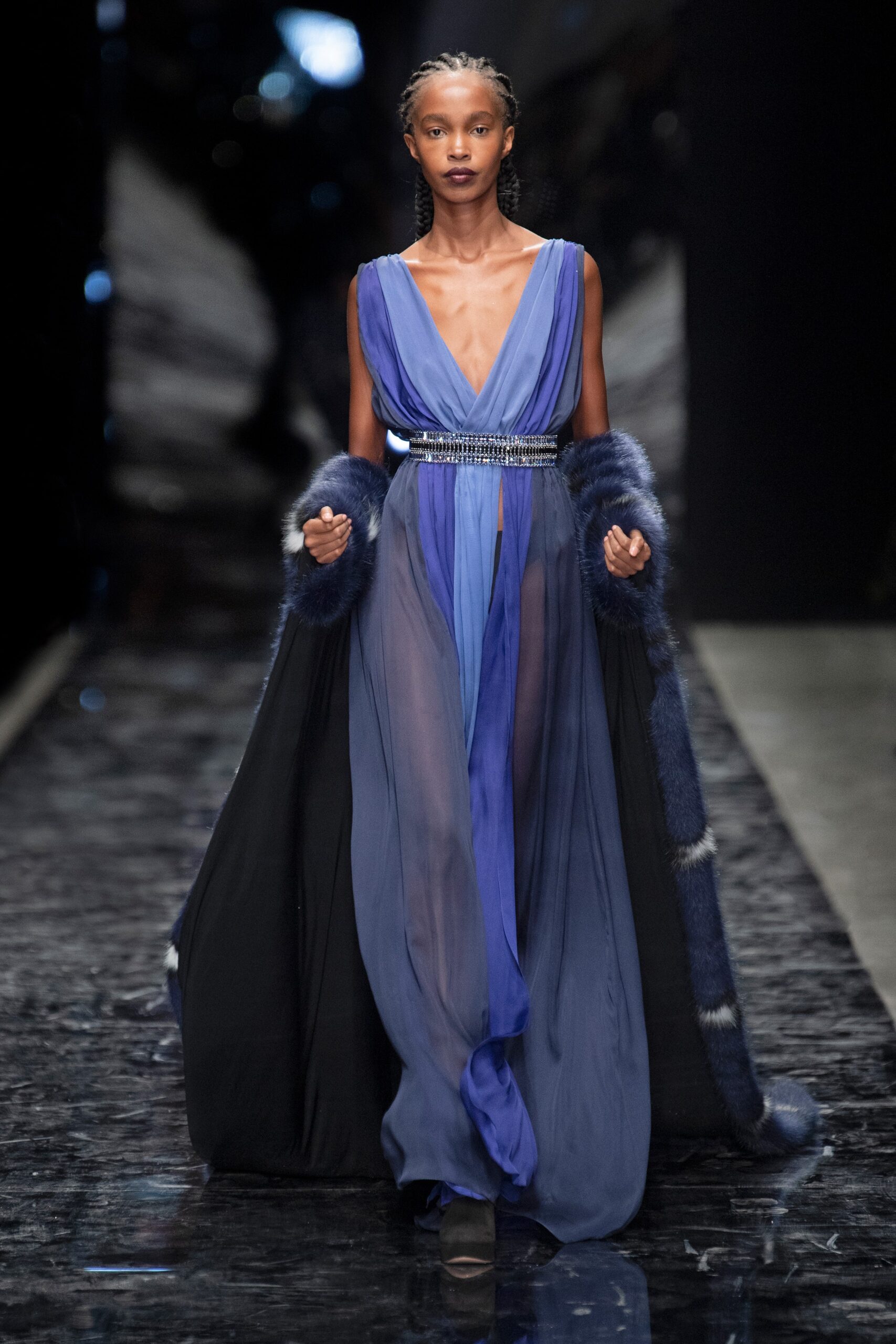 blue silk sleeveless gown