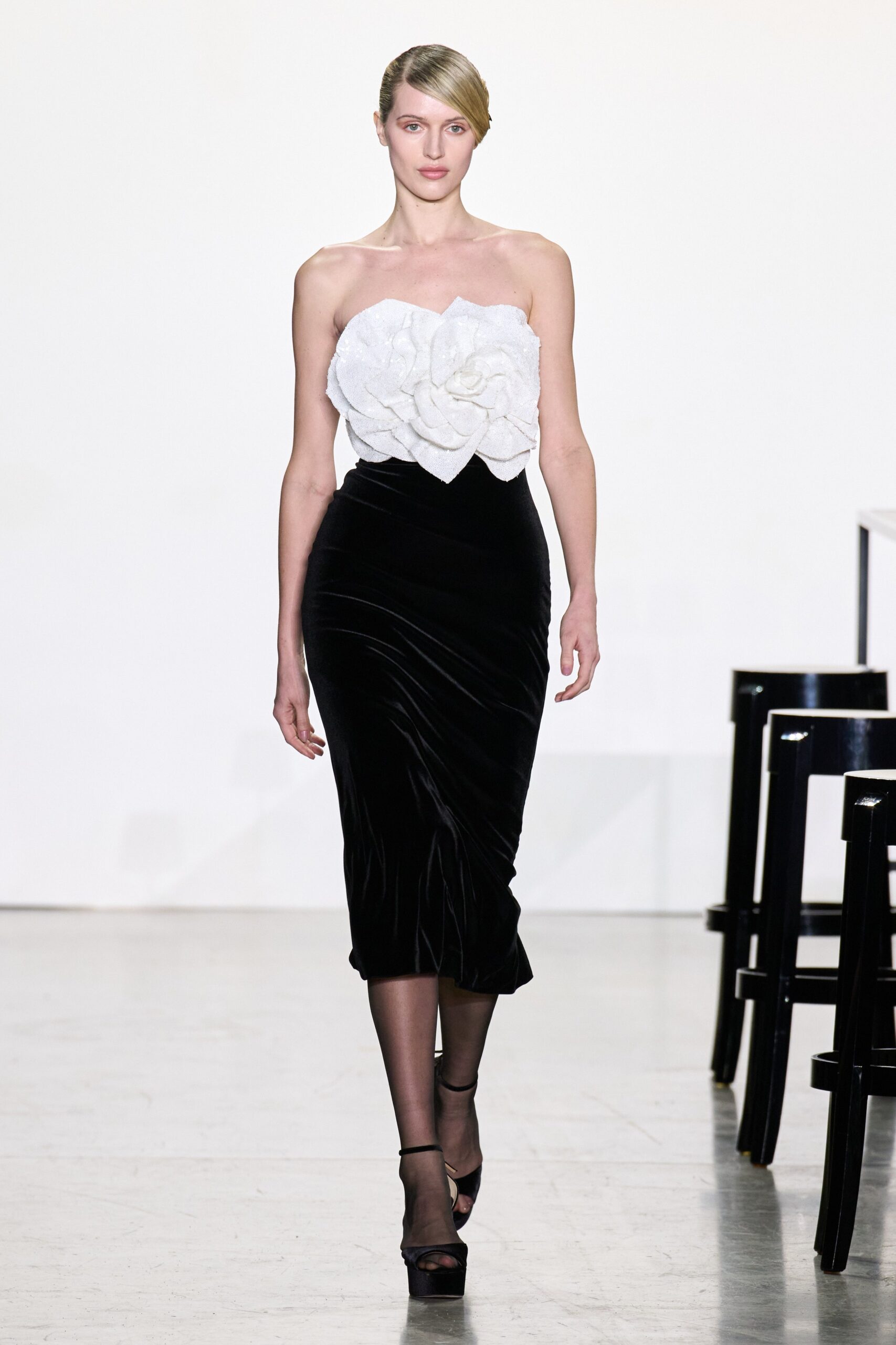 black velvet midi dress with white top