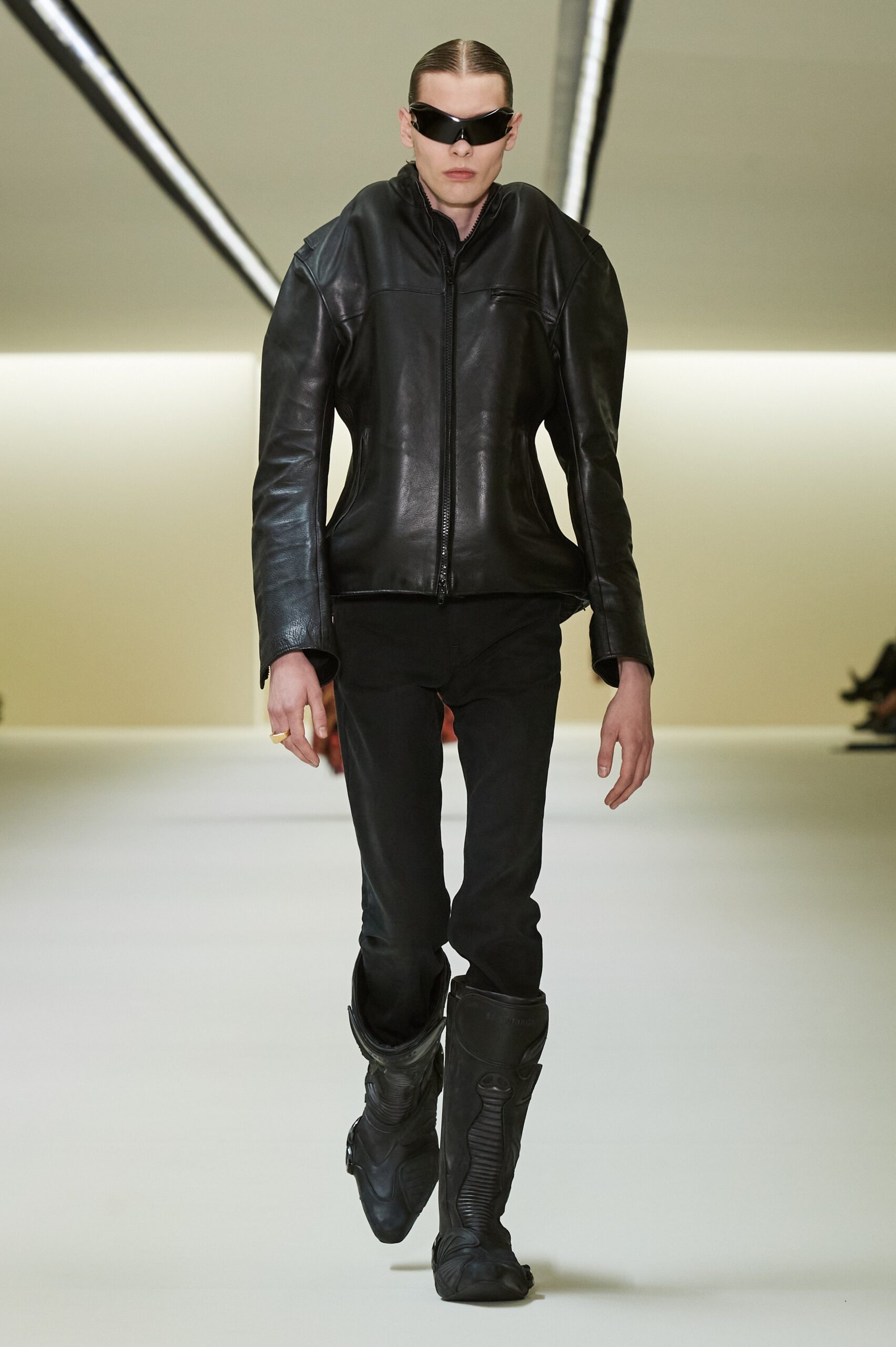 black leather fitted jacket with slim pants