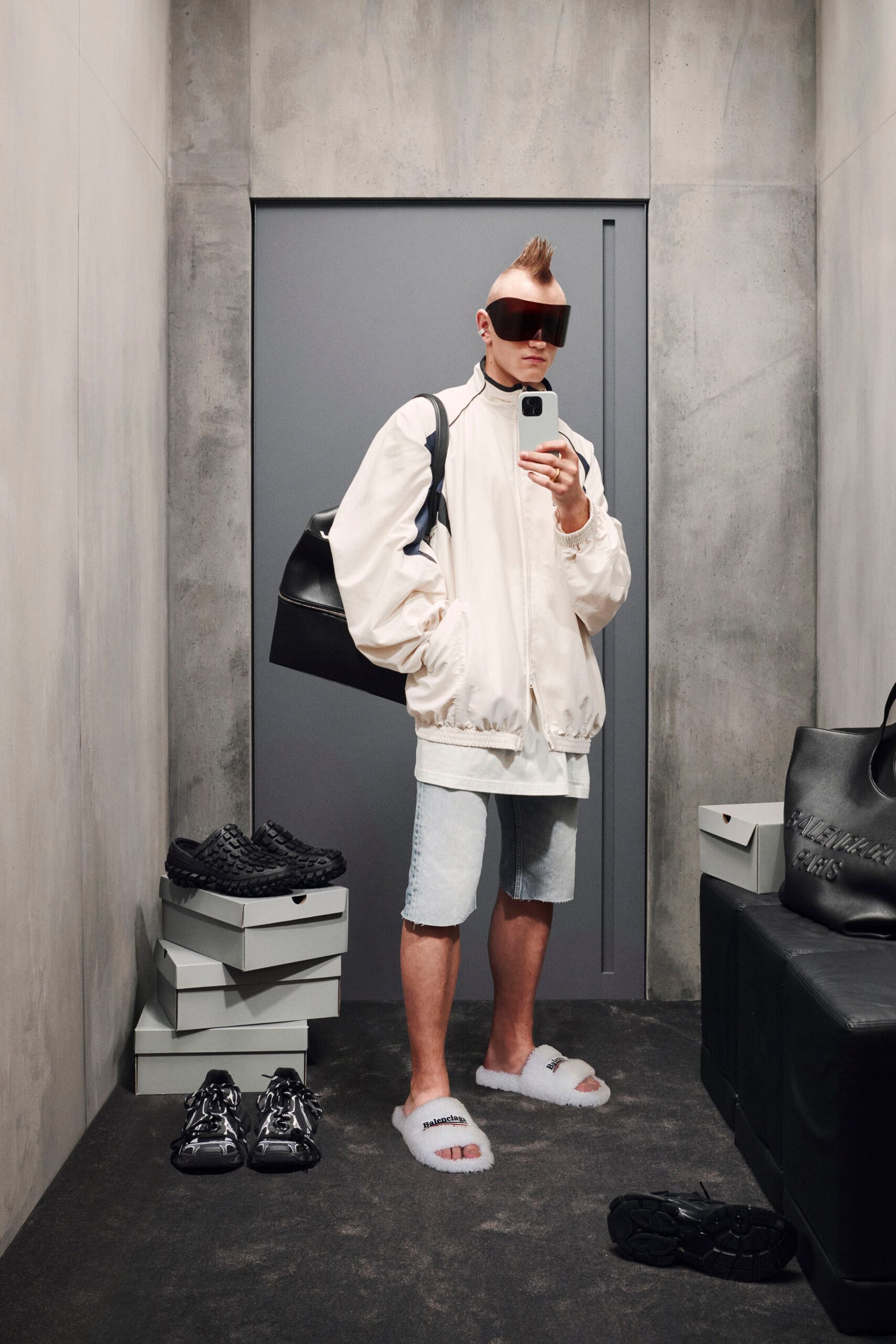 oversized white jacket with denim shorts