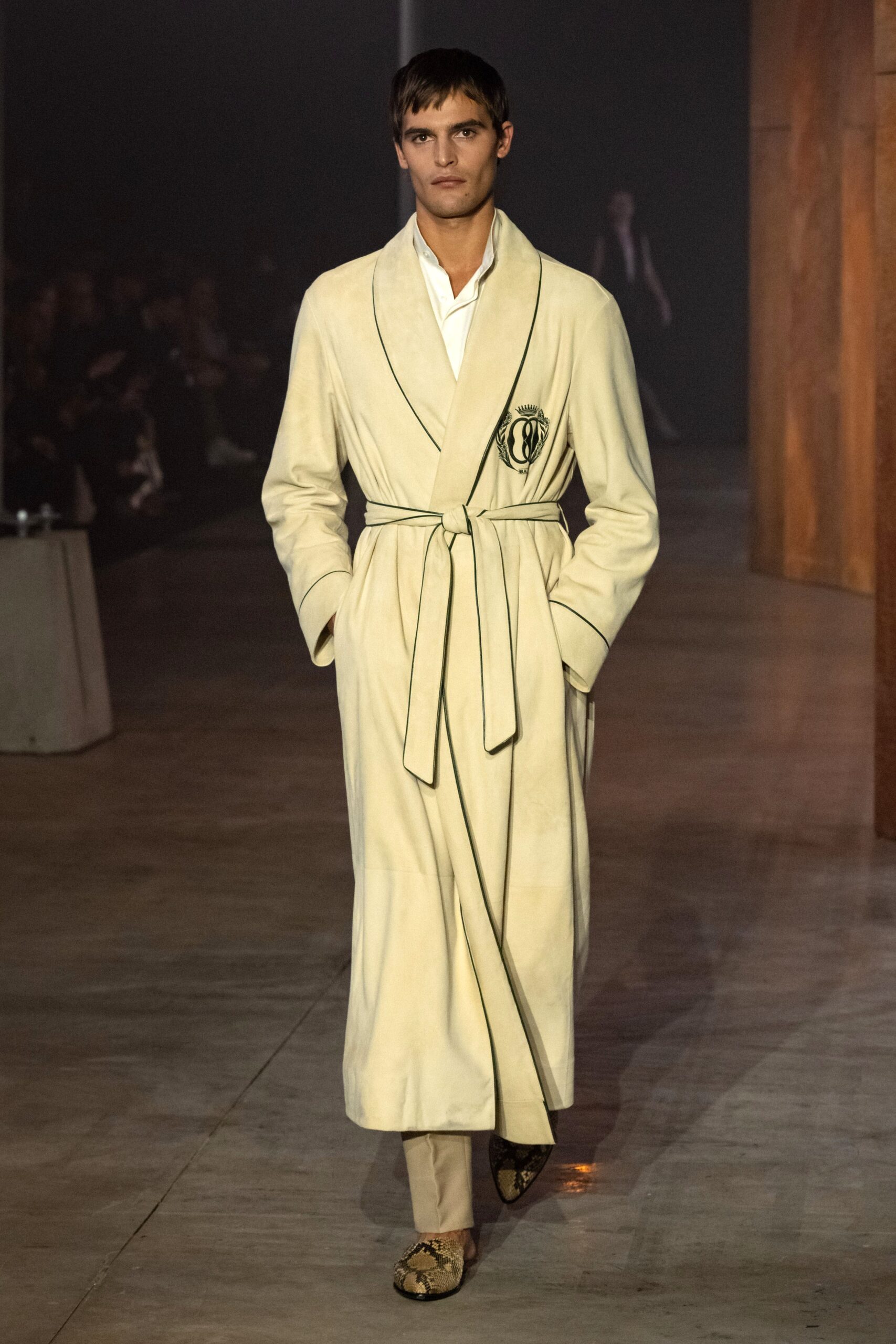 beige cotton long-sleeve collared relaxed belted coat
