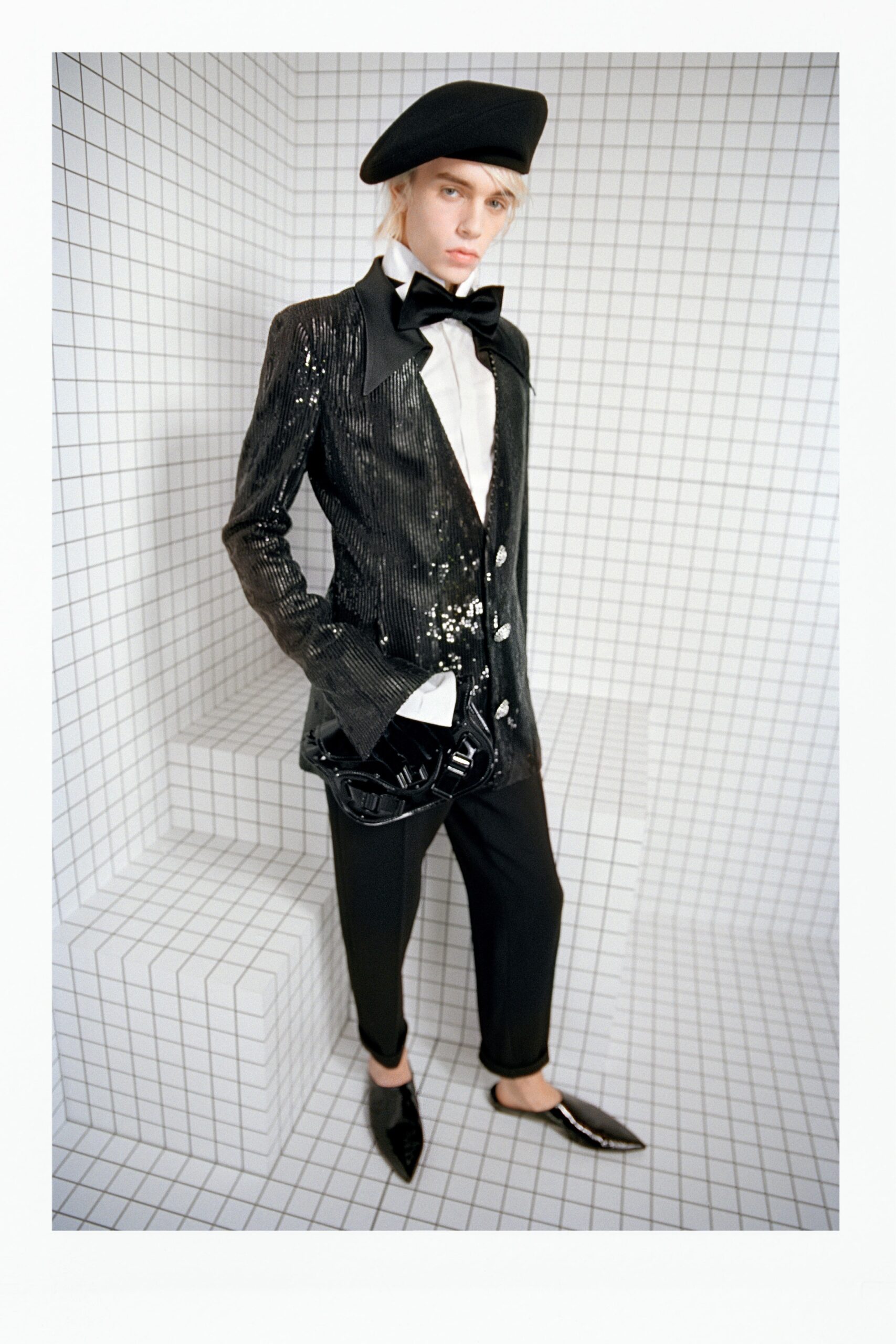 black silk long-sleeve collared tailored sequined buttoned blazer