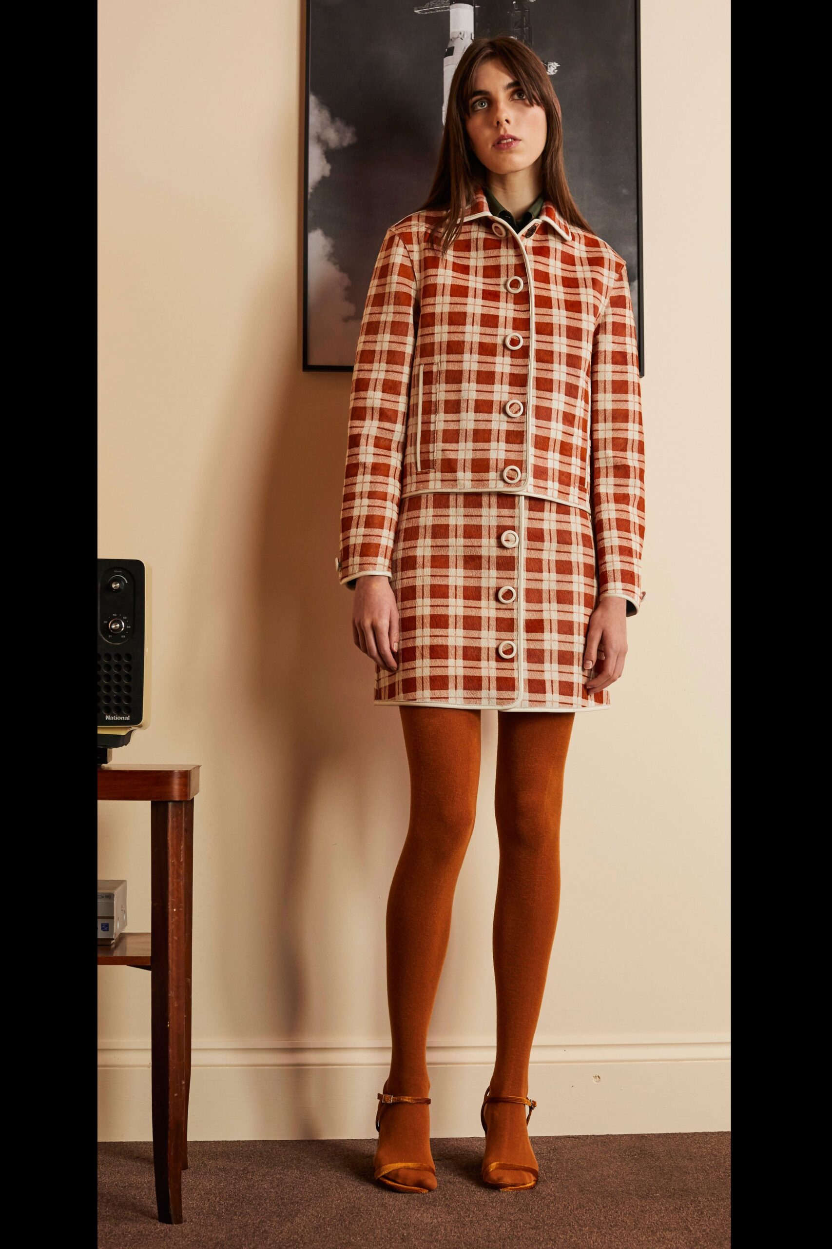orange checked jacket and skirt