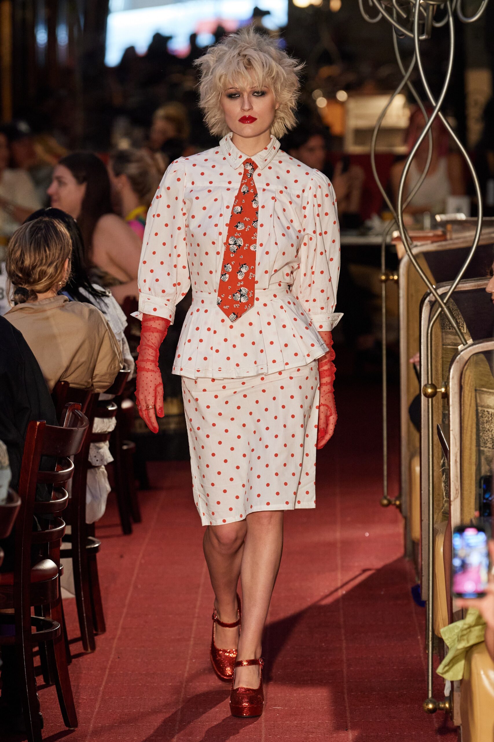 white short-sleeve collared fitted polka-dot flared blouse